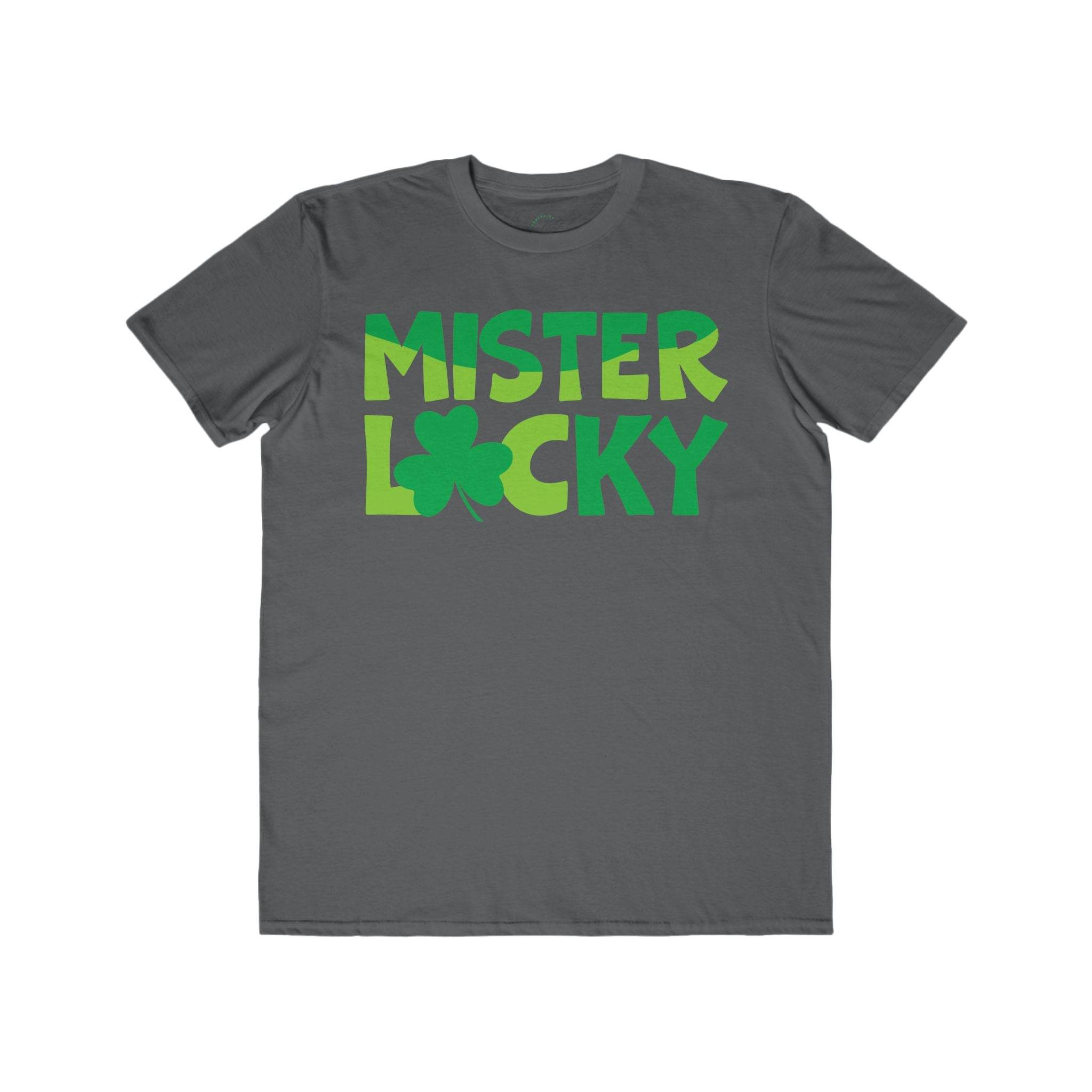 Eco-friendly men t-shirt by Printify with Mister Lucky text and green shamrock graphic