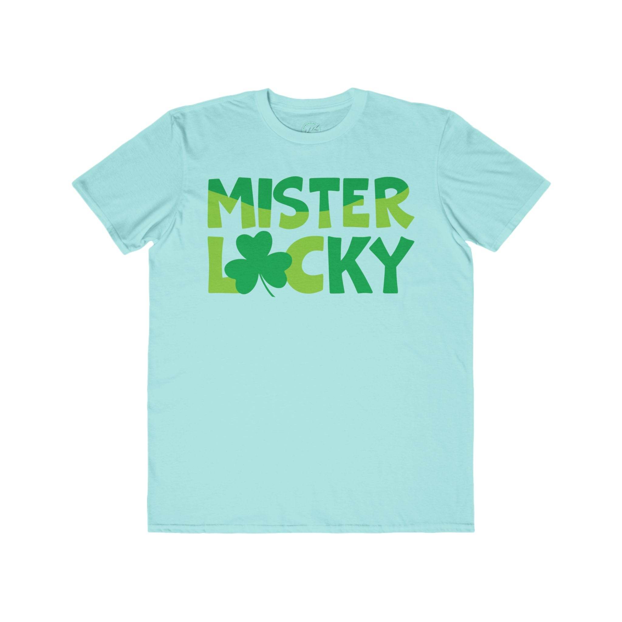 Printify light blue eco-friendly men t-shirt with green Mister Lucky text and shamrock graphic