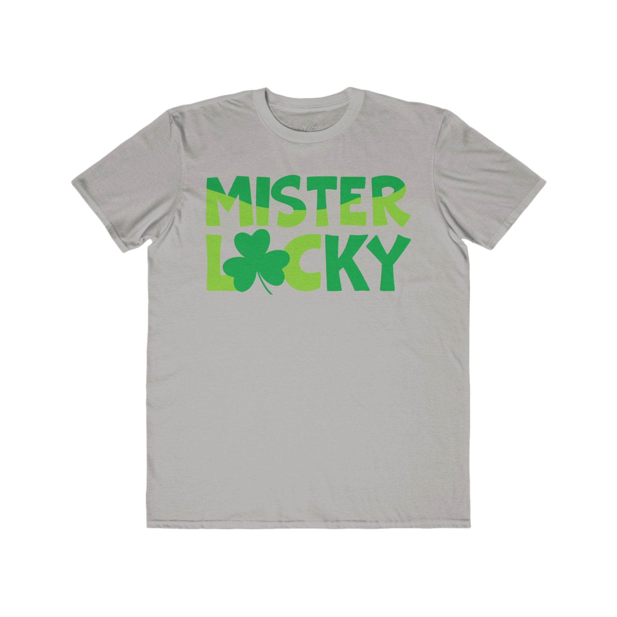 Printify eco-friendly men t-shirt in light gray with green Mister Lucky shamrock design