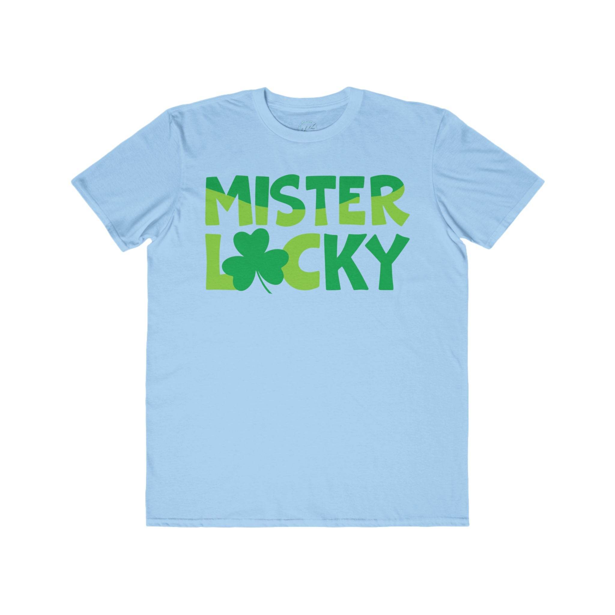 Printify eco-friendly men t-shirt in light blue with green Mister Lucky text and clover design