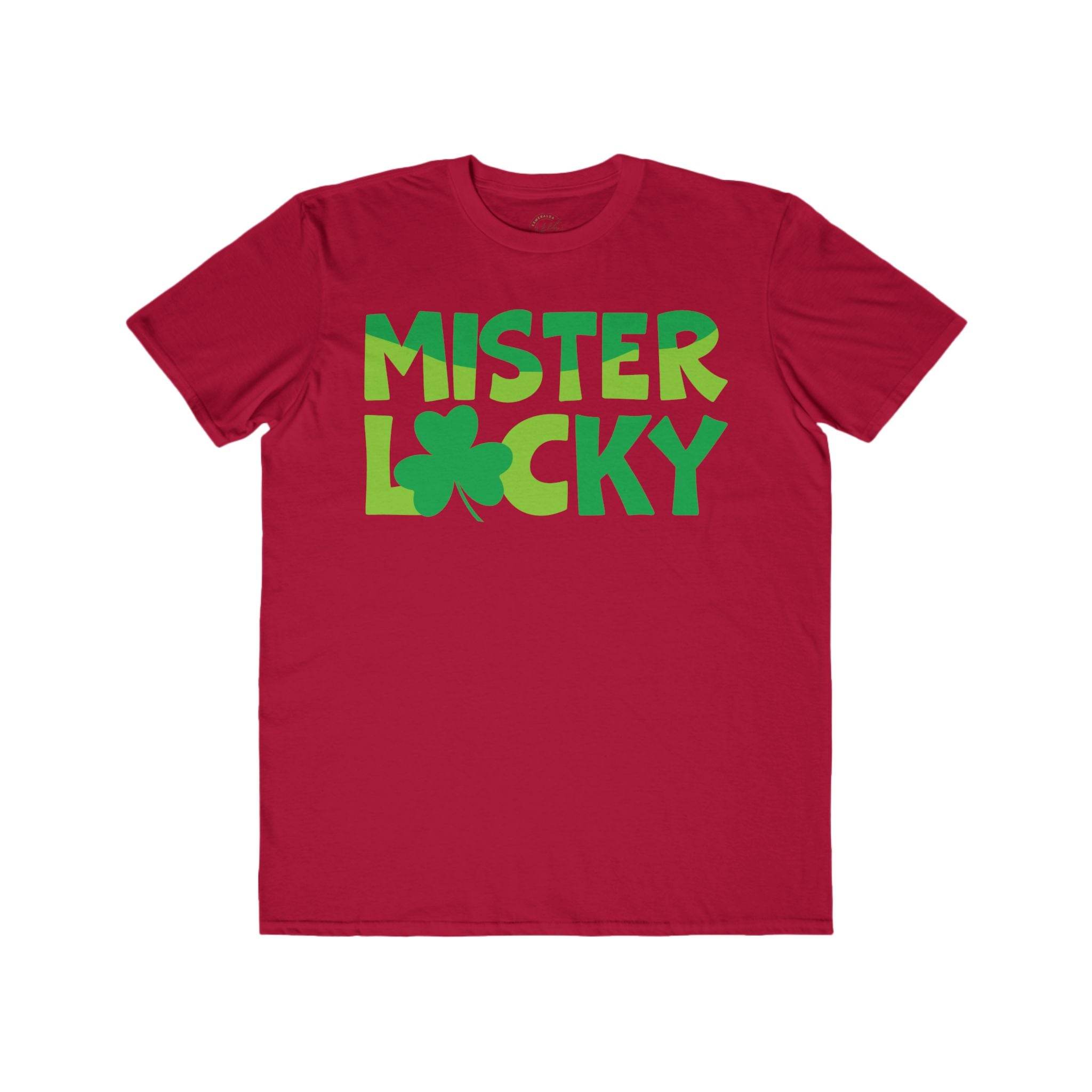 Printify eco-friendly men t-shirt in red with green Mister Lucky text and shamrock design