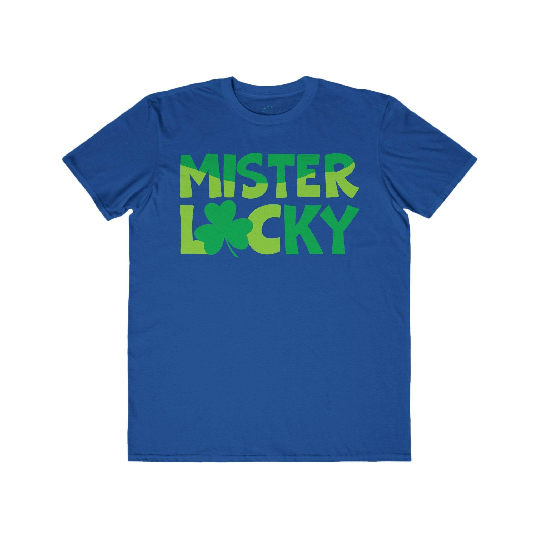 Printify blue eco-friendly men t-shirt with green Mister Locky text and shamrock design