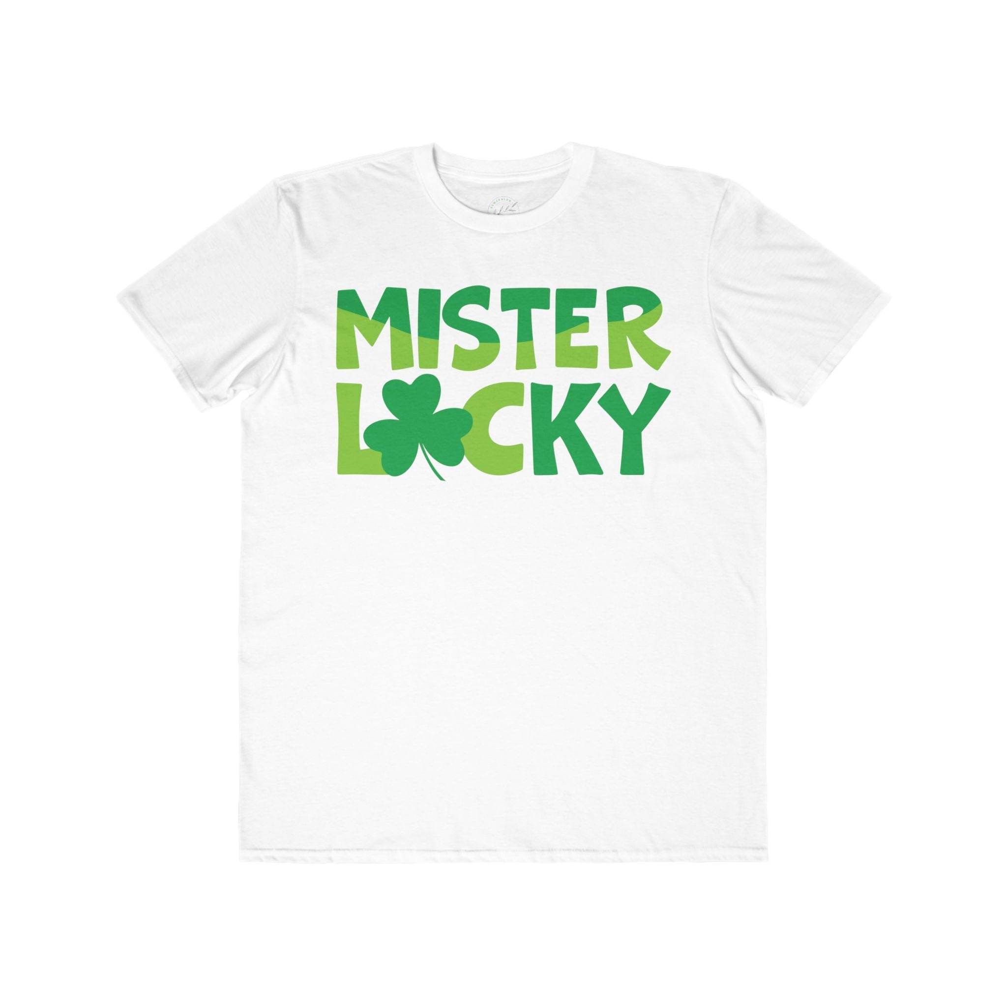 Printify eco-friendly men t-shirt in white with green Mister Lucky text and shamrock design