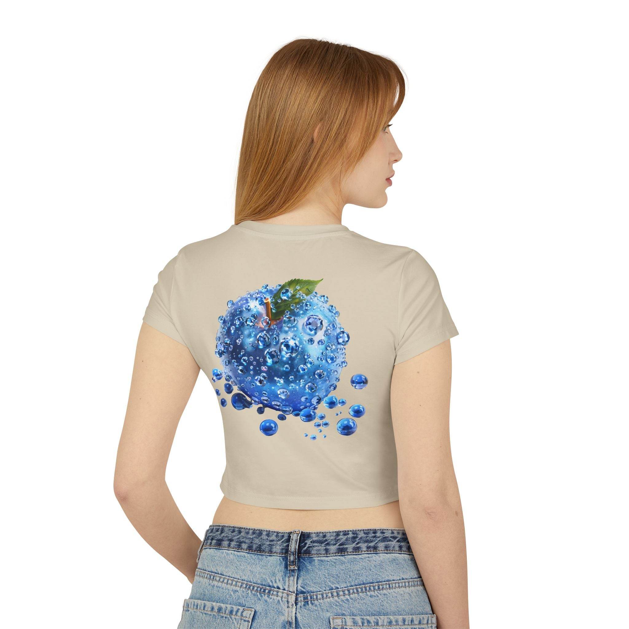 Printify eco friendly womens crop top beige with blue water splash apple graphic on back