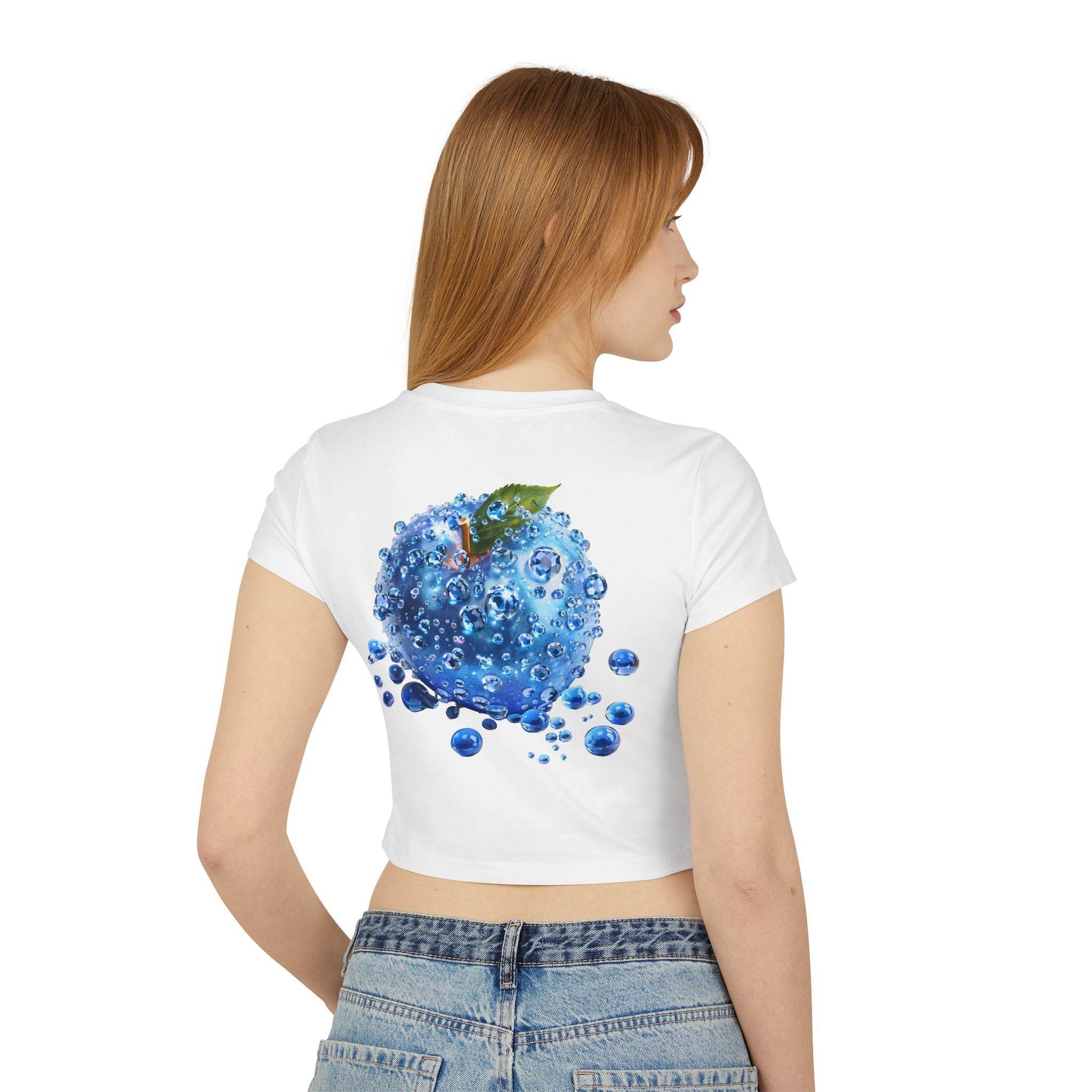 Eco friendly womens crop top by Printify featuring a blue bubble apple design on the back