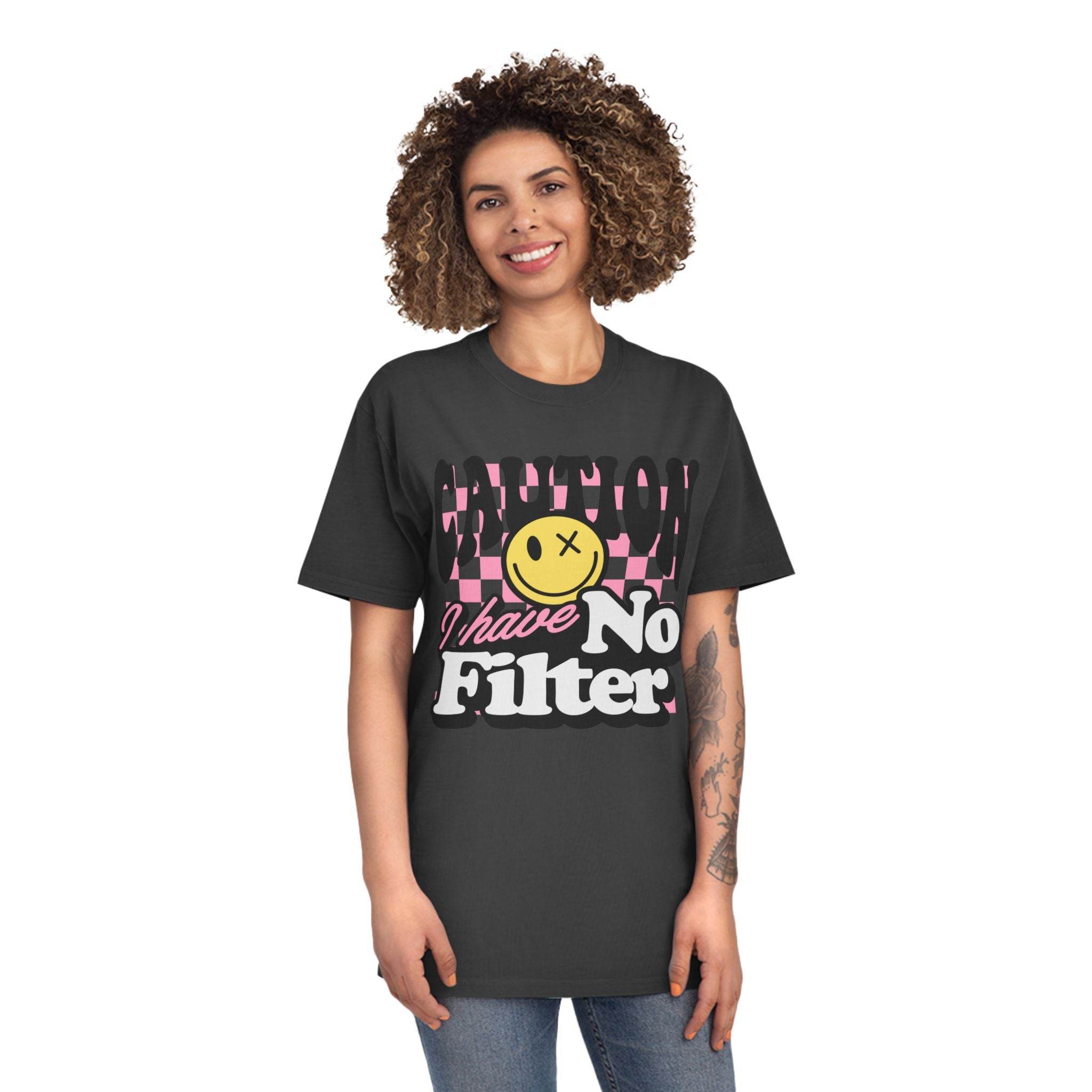 Printify eco-friendly unisex faded shirt with graphic text and smiley face design worn by a smiling woman