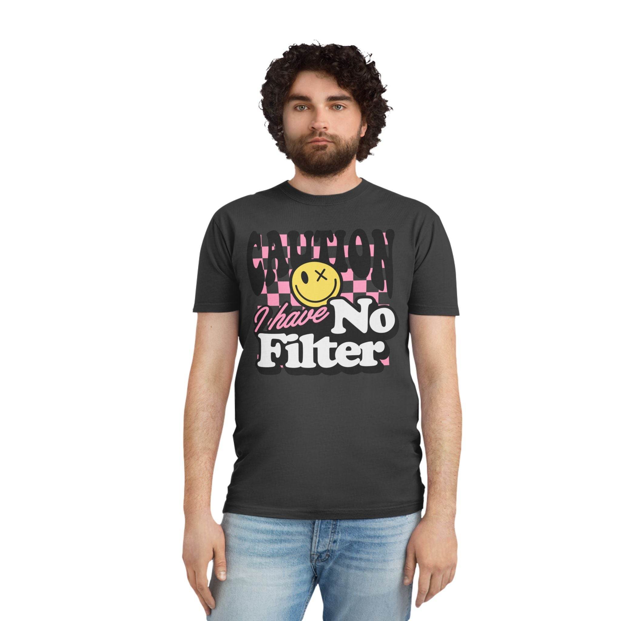 Printify eco-friendly unisex faded shirt in black with caution graphic and no filter text
