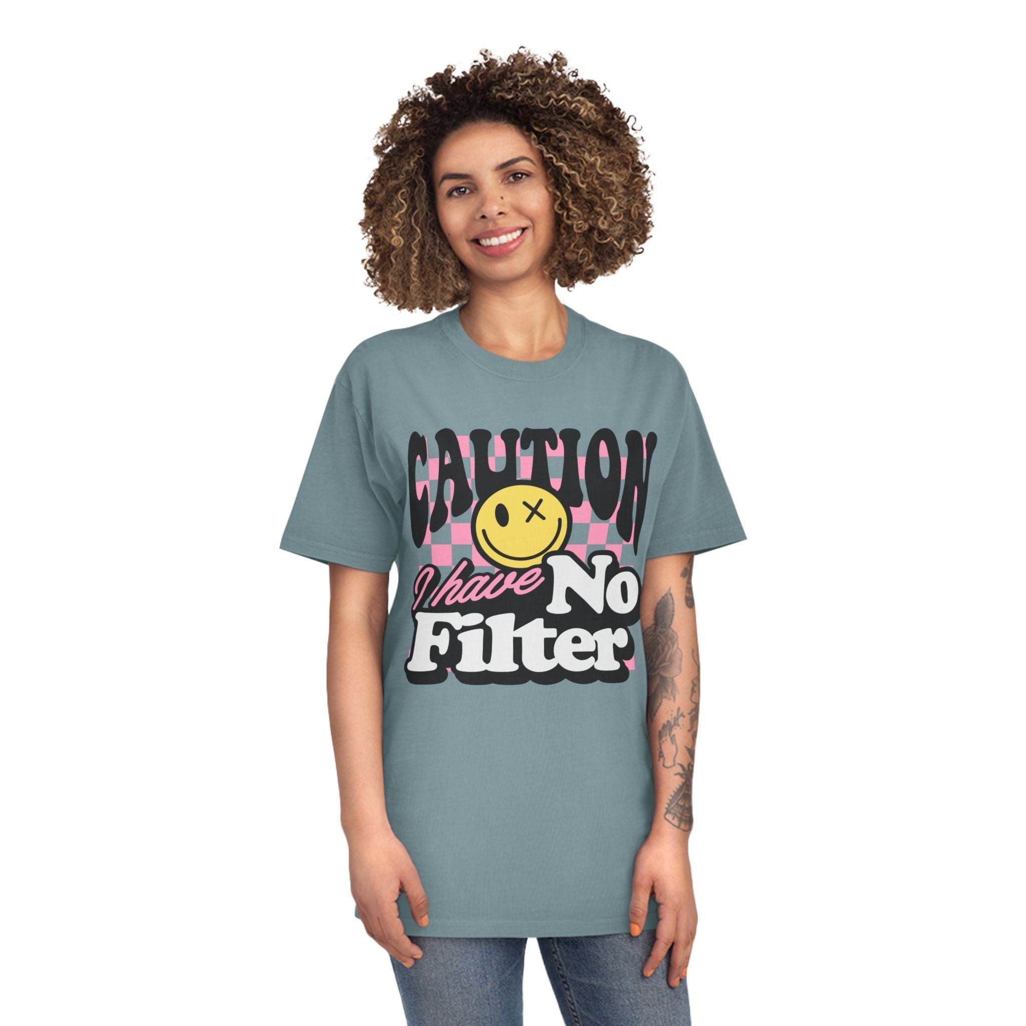 Printify eco-friendly unisex faded shirt with caution have no filter graphic design