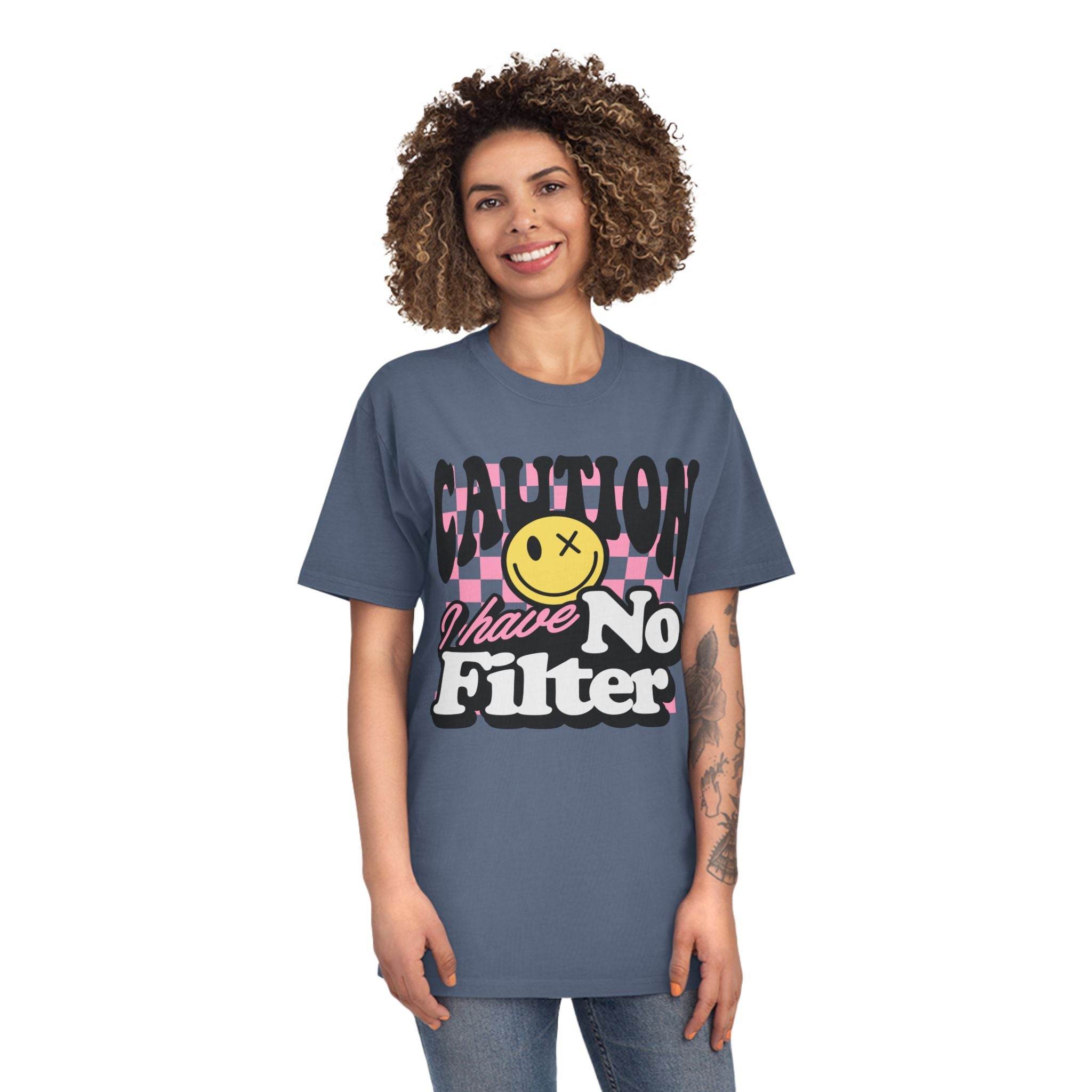 Printify eco-friendly unisex faded shirt with caution graphic and no filter text worn by smiling woman