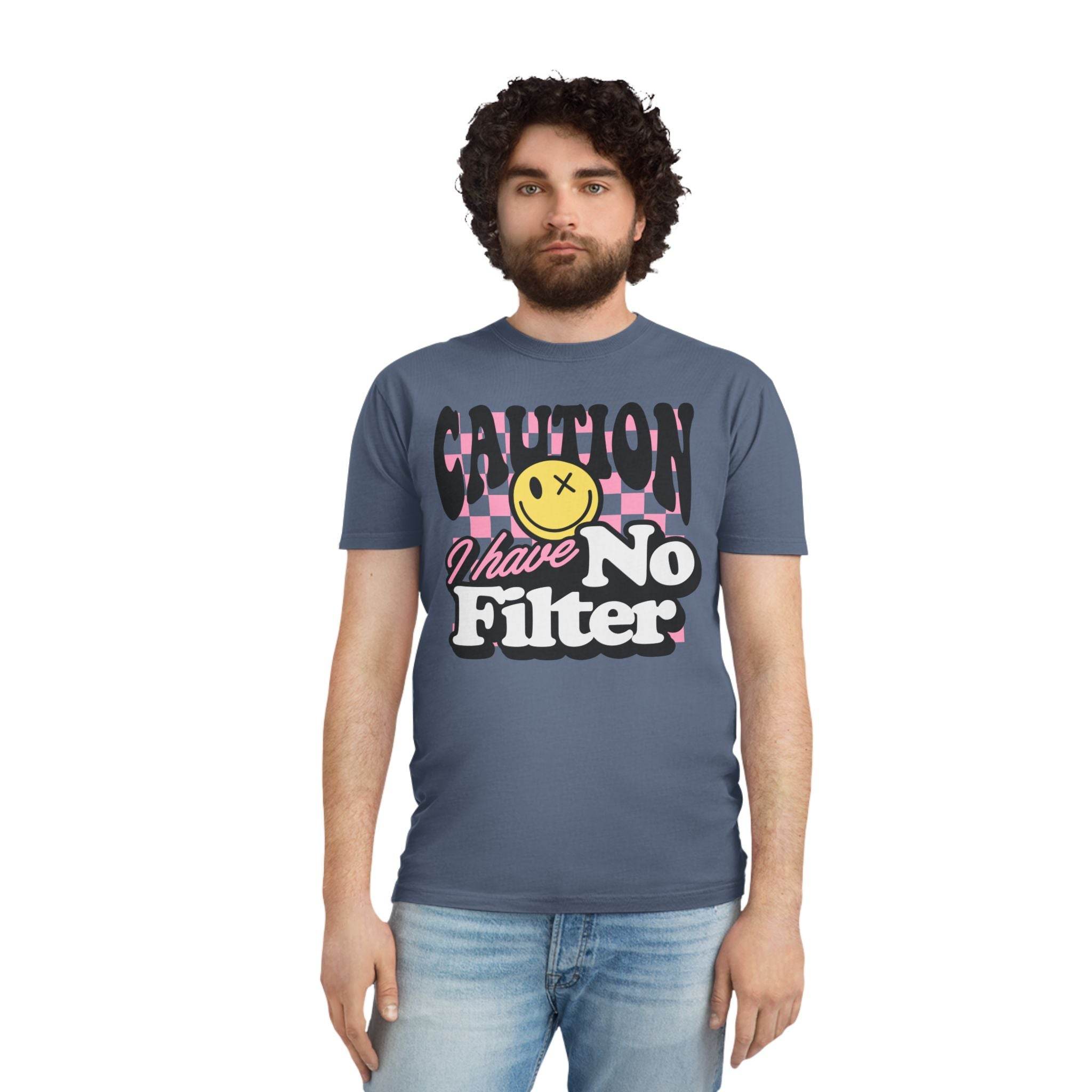 Printify eco-friendly unisex faded shirt with caution graphic and no filter text worn by male model