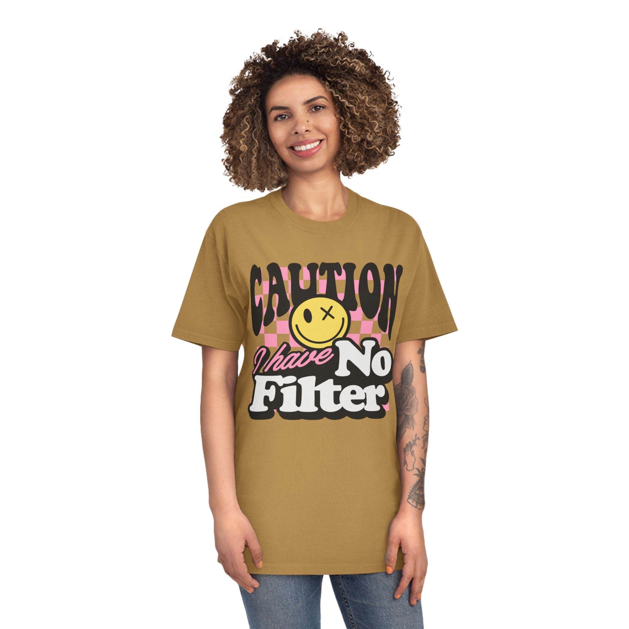 Printify eco-friendly unisex faded shirt with caution graphic and no filter text in brown