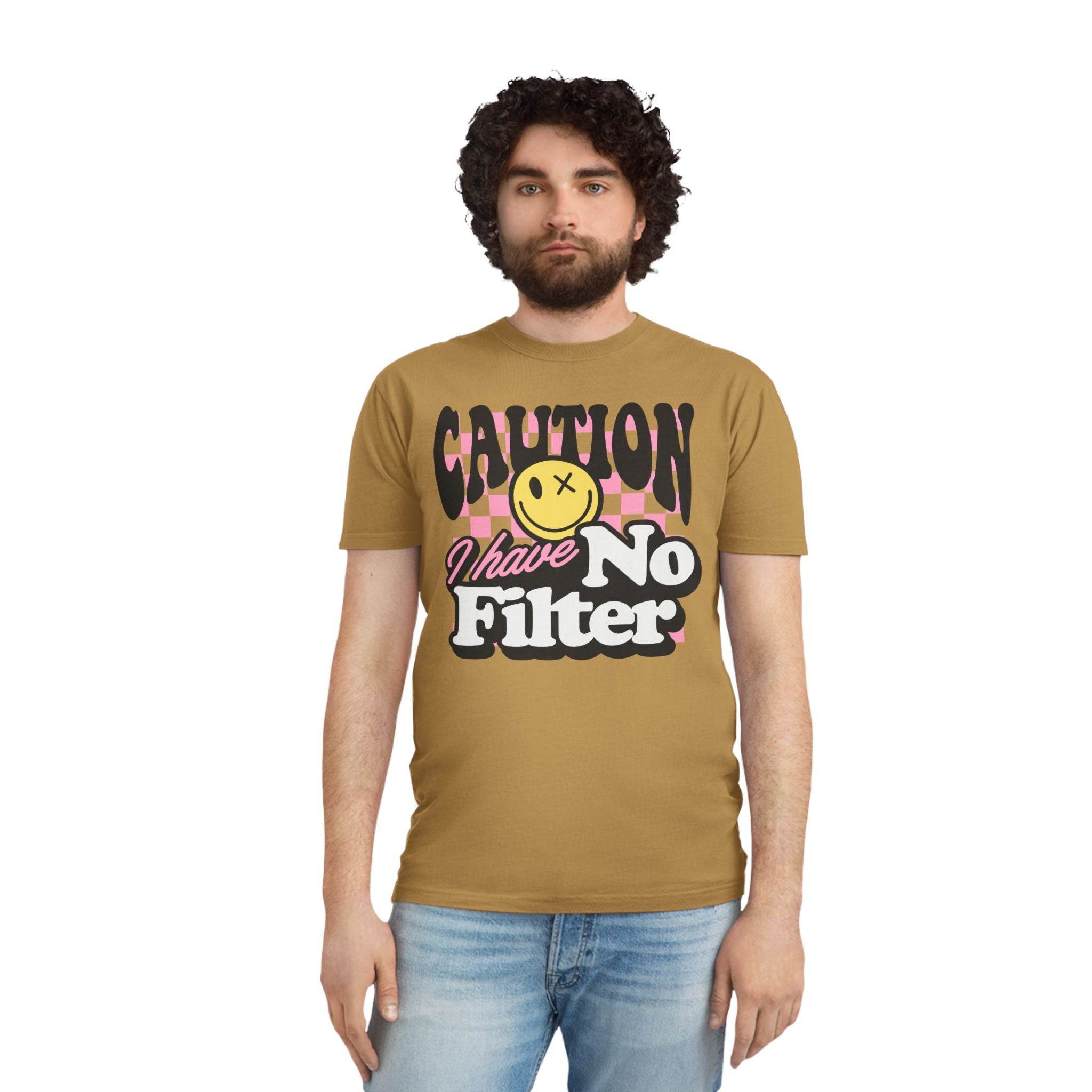 Printify eco-friendly unisex faded shirt with caution graphic and text I have no filter