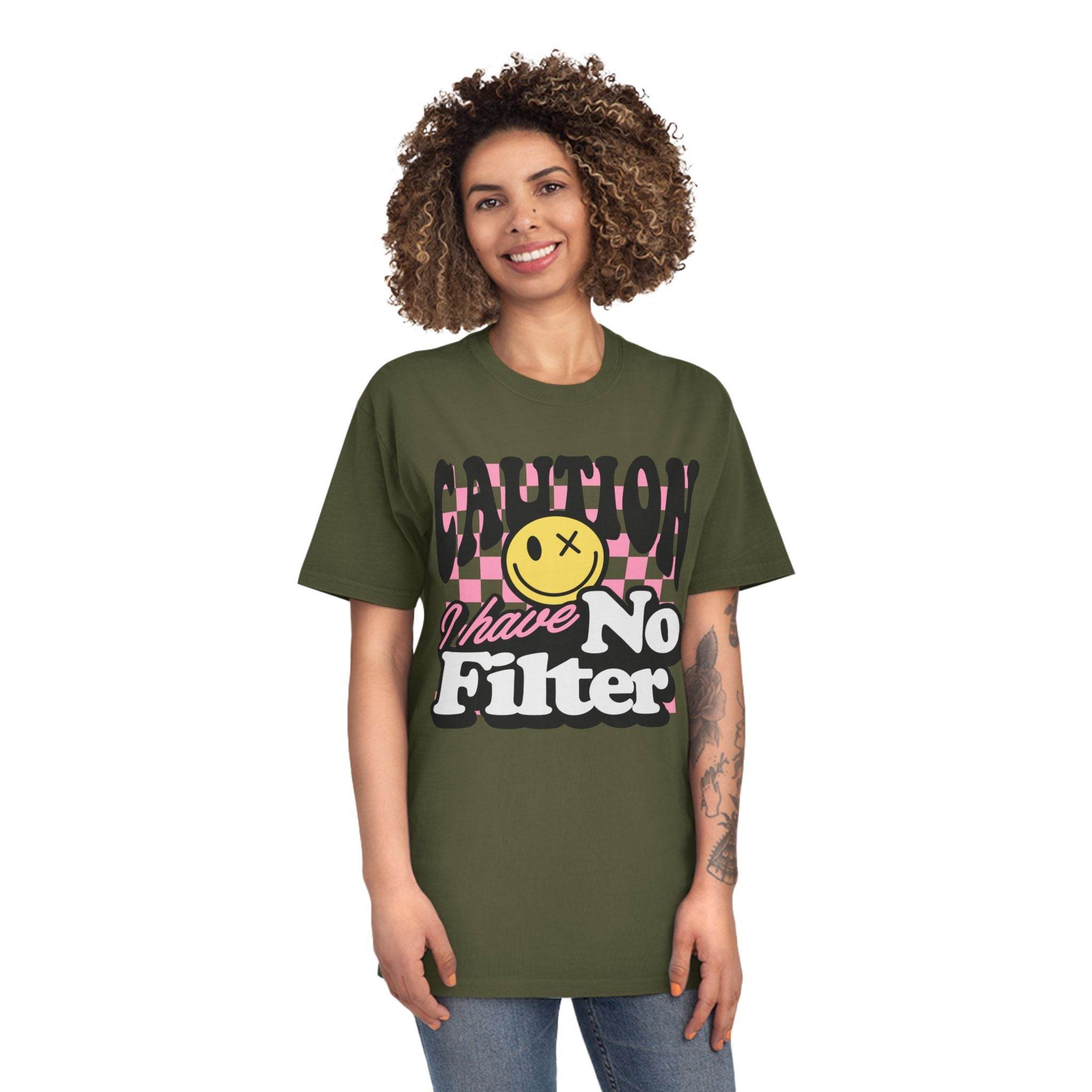 Printify eco-friendly unisex faded shirt in olive green with caution graphic and no filter text