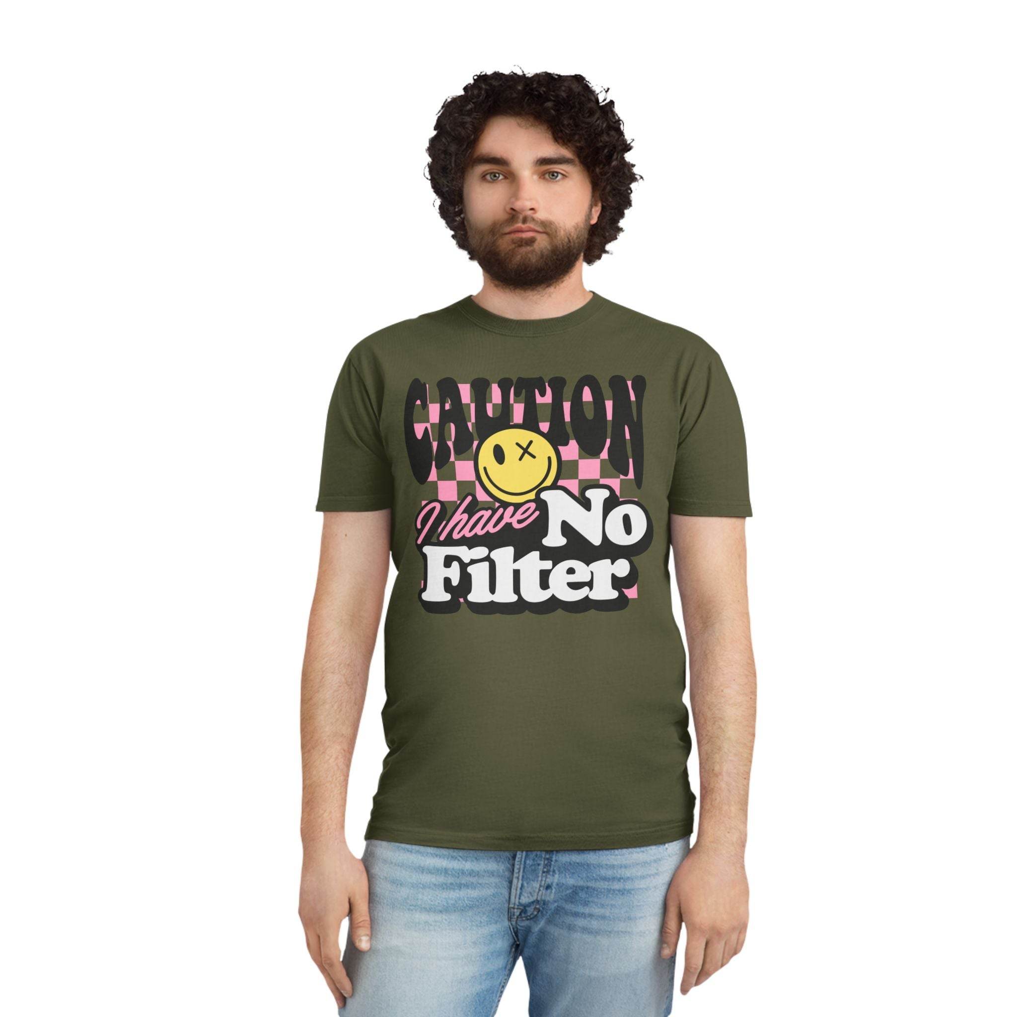 Printify eco-friendly unisex faded shirt in olive green with graphic text caution I have no filter