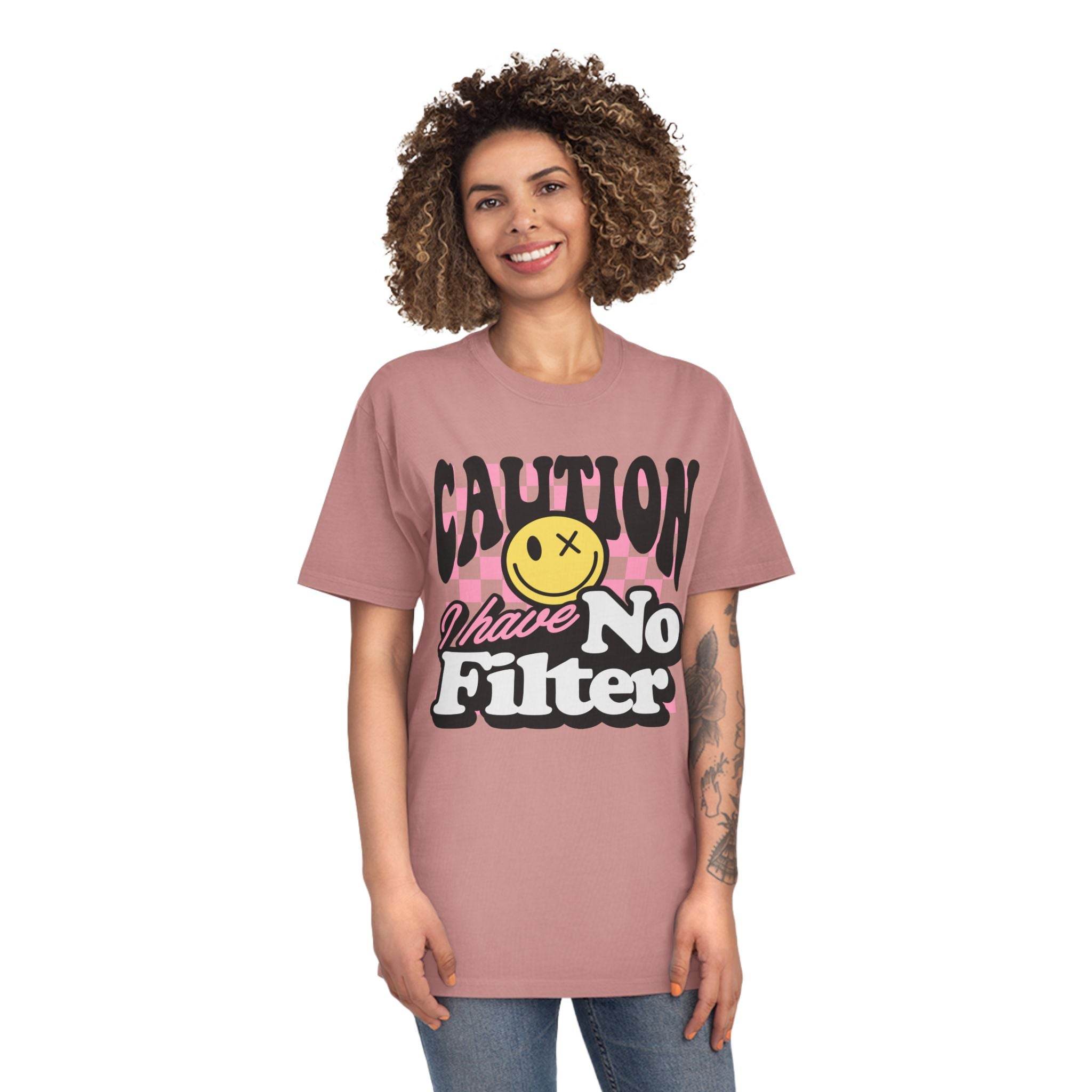 Printify eco-friendly unisex faded shirt in dusty pink with caution graphic and no filter text