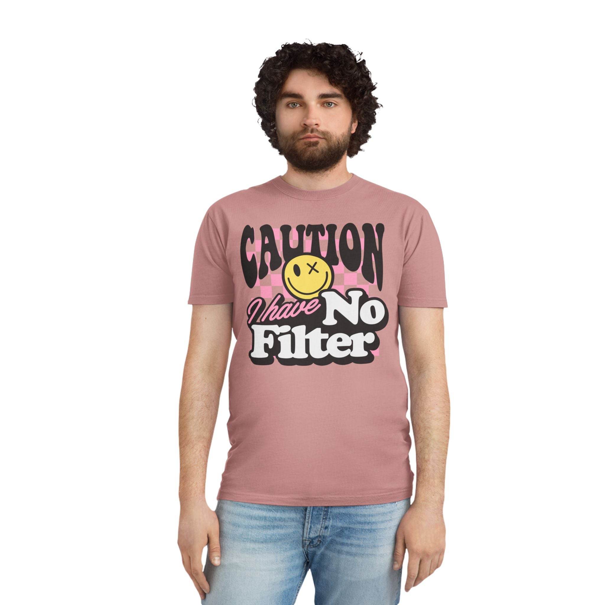 Printify eco-friendly unisex faded shirt with caution graphic and I have no filter text