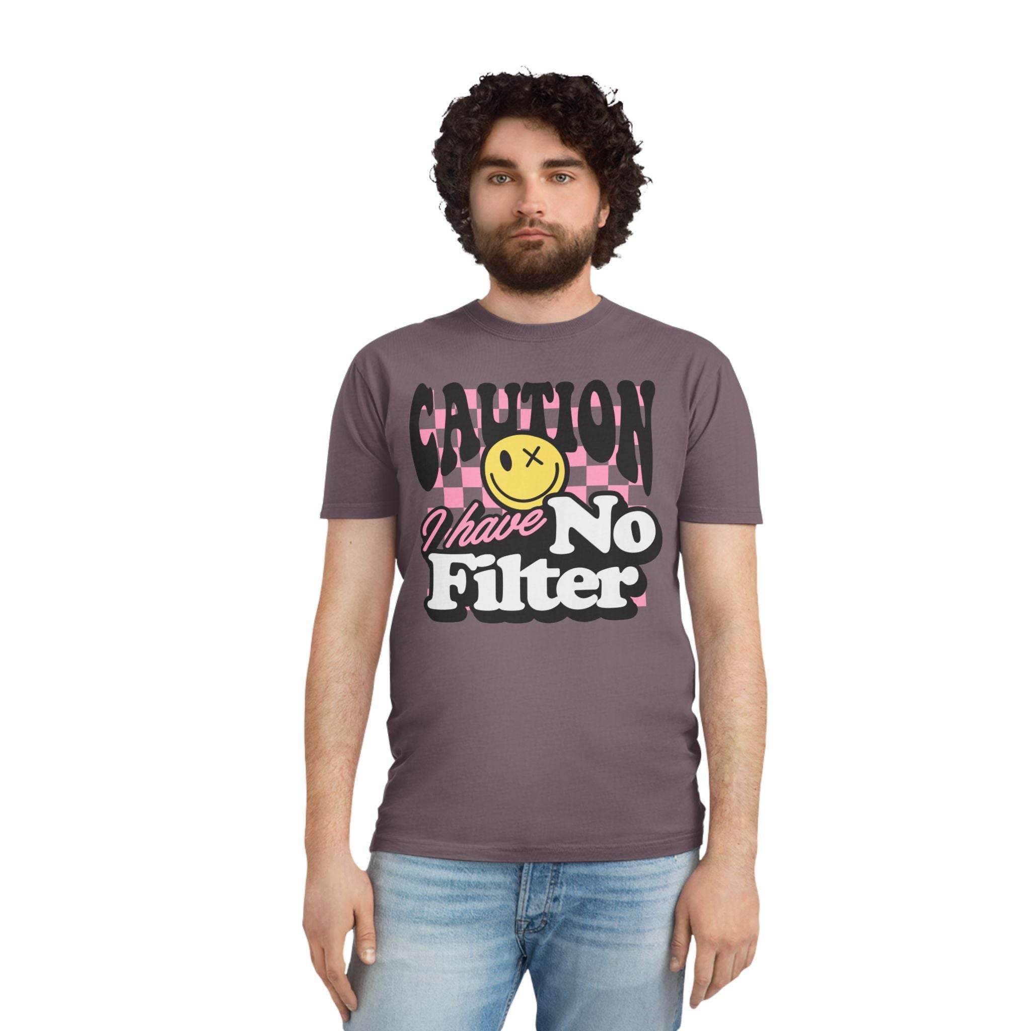 Printify eco-friendly unisex faded shirt with caution I have no filter graphic in purple