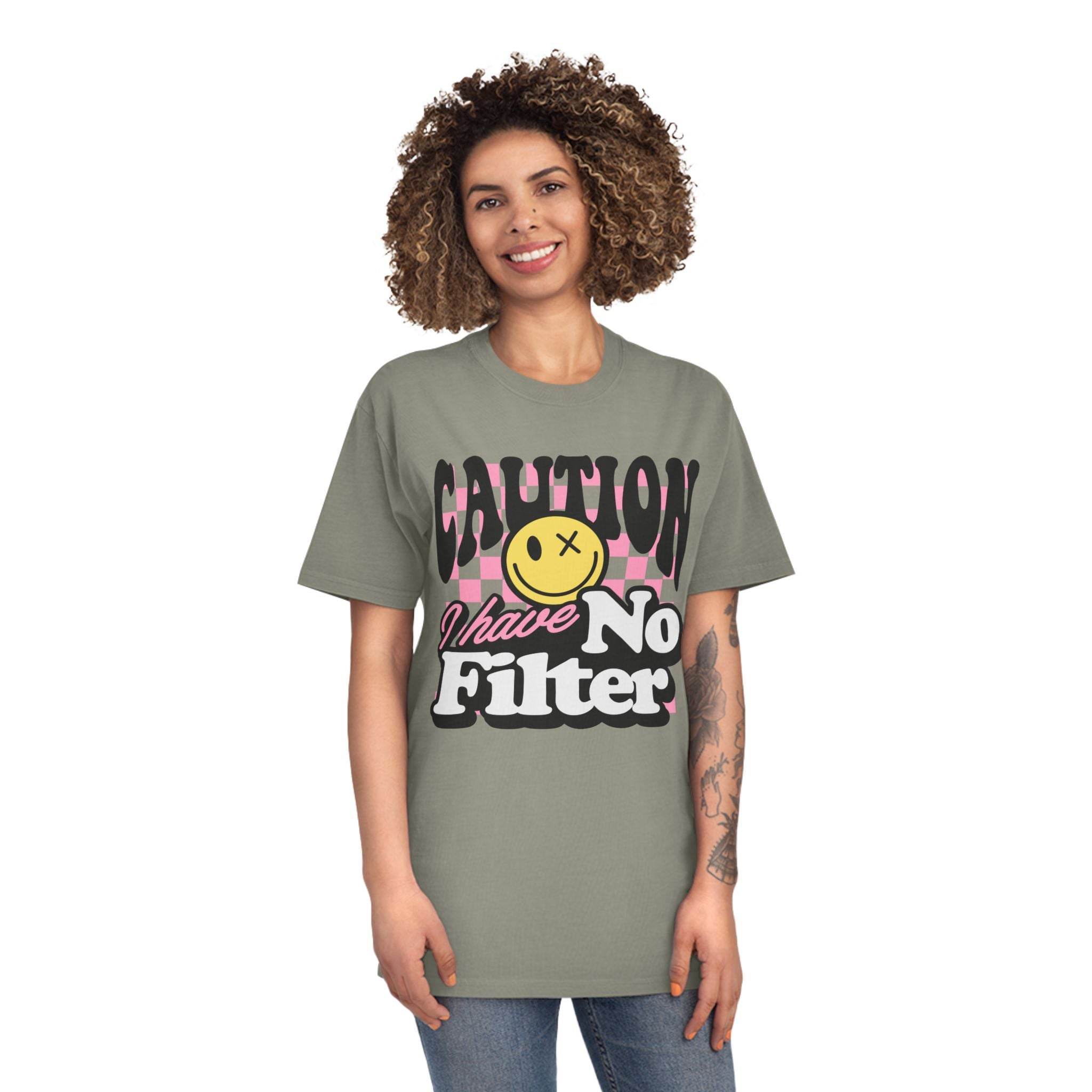 Printify eco-friendly unisex faded shirt with caution graphic and I have no filter text worn by smiling woman
