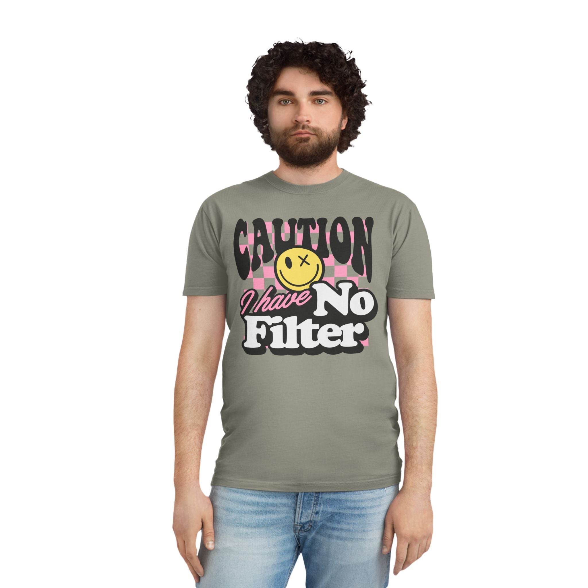 Printify eco-friendly unisex faded shirt with caution I have no filter graphic design on gray tee