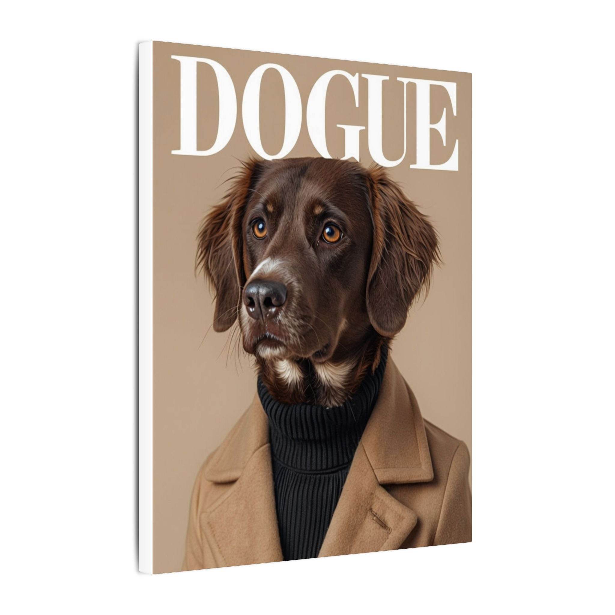 Printify canvas portrait of a brown dog in coat and turtleneck with DOGUE title eco-friendly dog art print