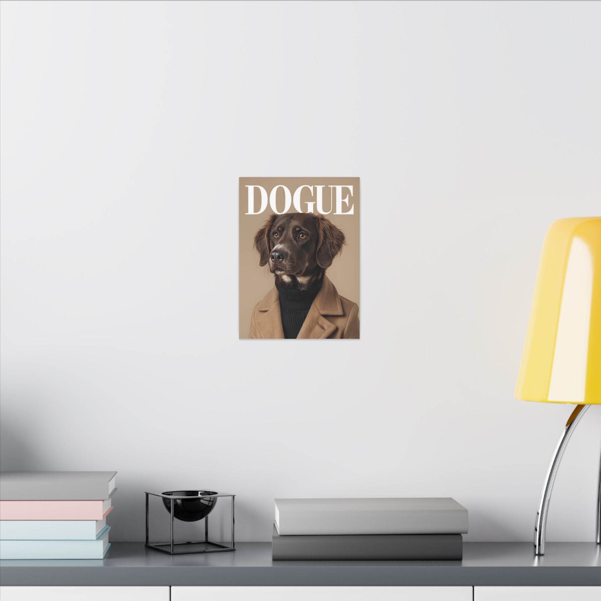 Printify canvas featuring eco-friendly dog art print of a brown labrador in a coat with DOGUE text
