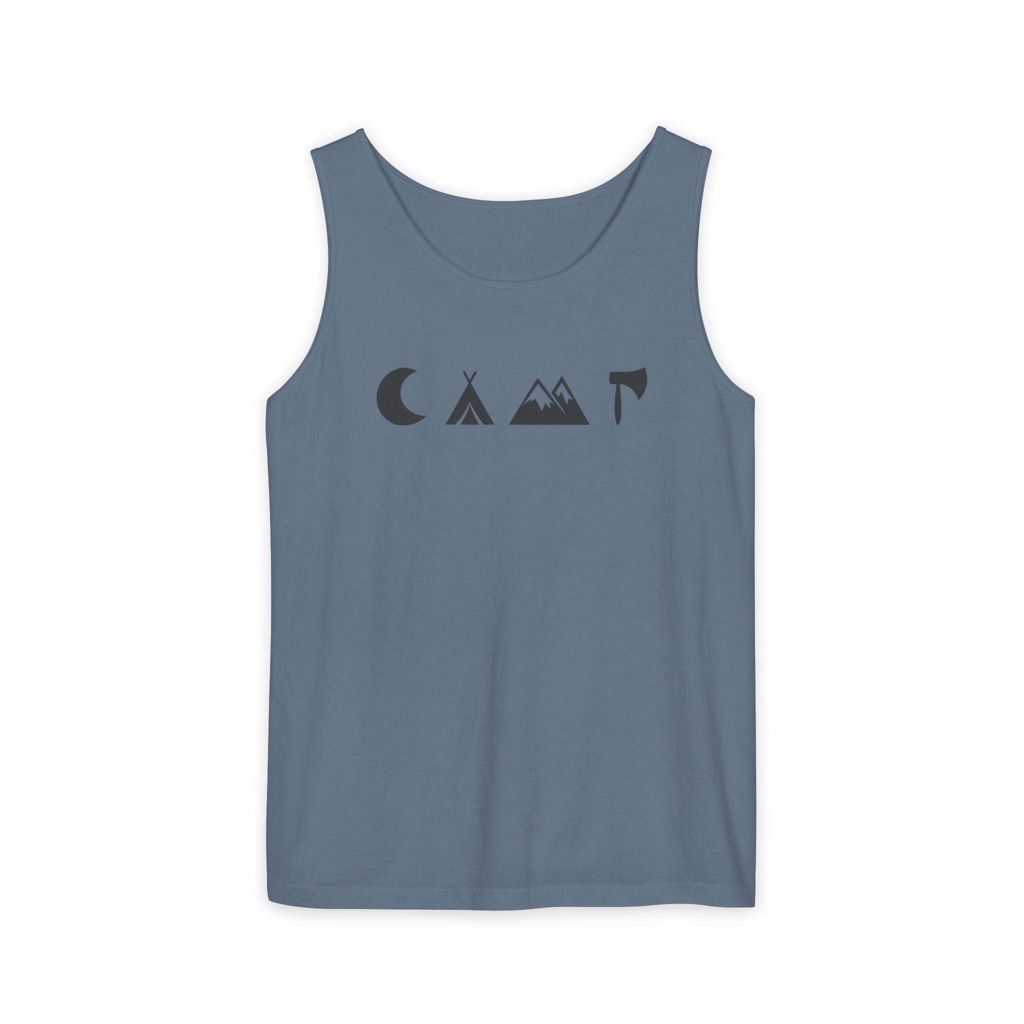 Printify eco-friendly unisex tank top in slate blue with minimalist moon tent mountain icons