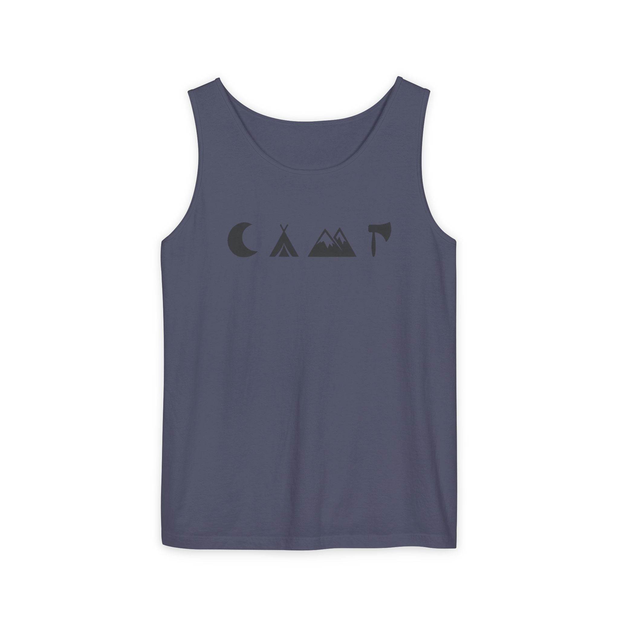 Printify eco-friendly unisex tank top slate blue with minimalist black camping icons moon tent mountains and axe