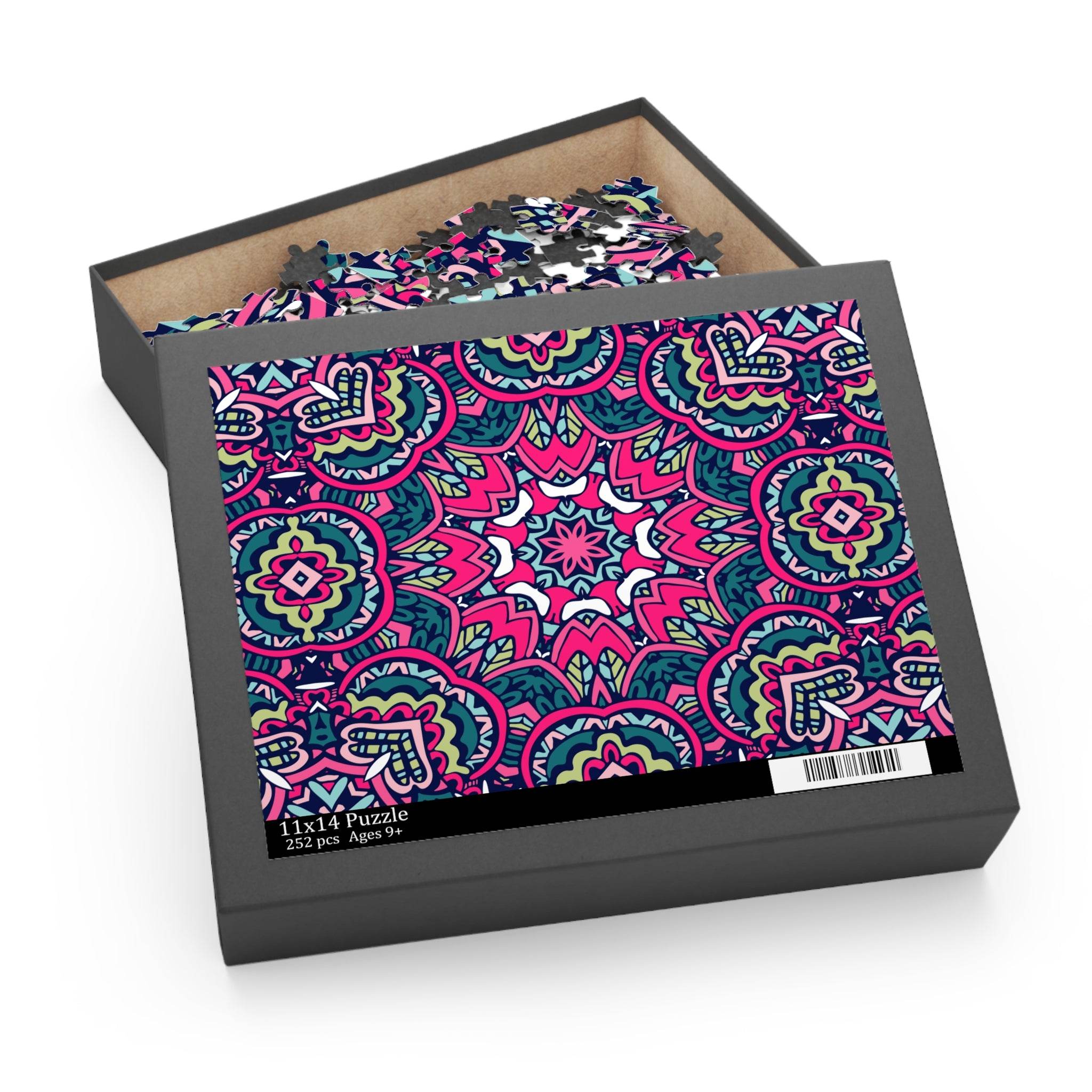 Printify mystic mosaic puzzle with colorful abstract design and 252 pieces in black box