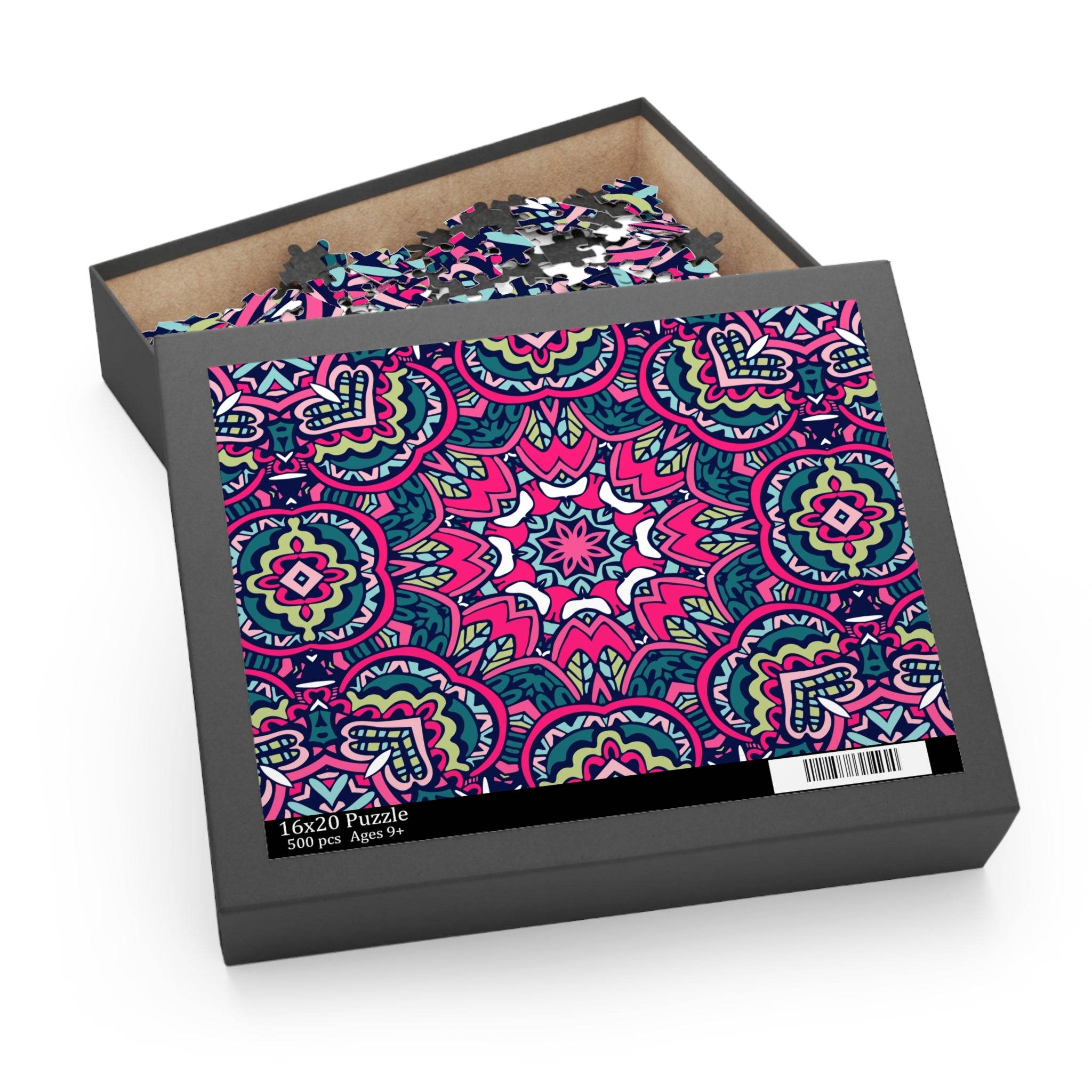 Printify mystic mosaic puzzle 500 pieces with colorful intricate mandala design in black box