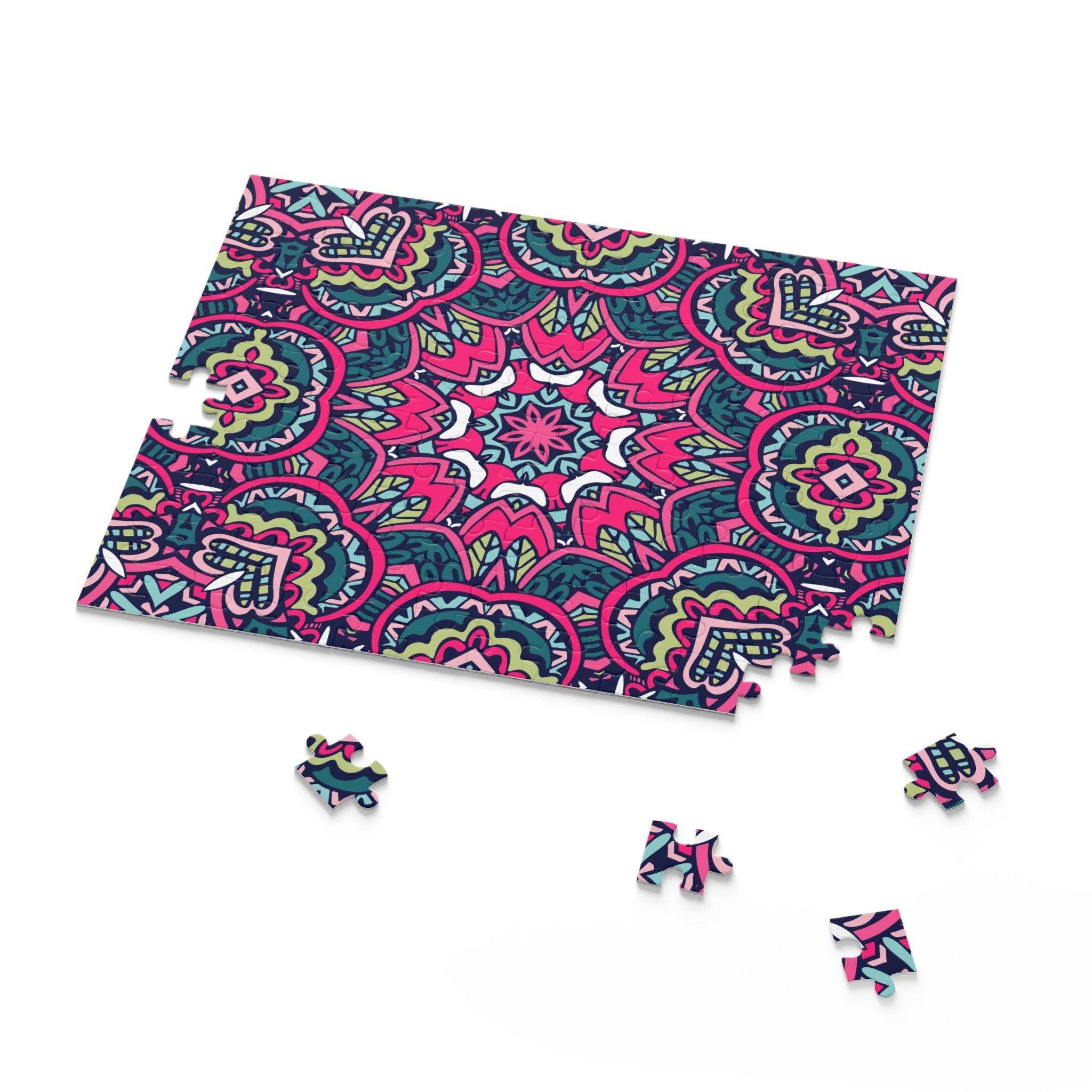 Printify mystic mosaic puzzle partially assembled with colorful intricate geometric patterns