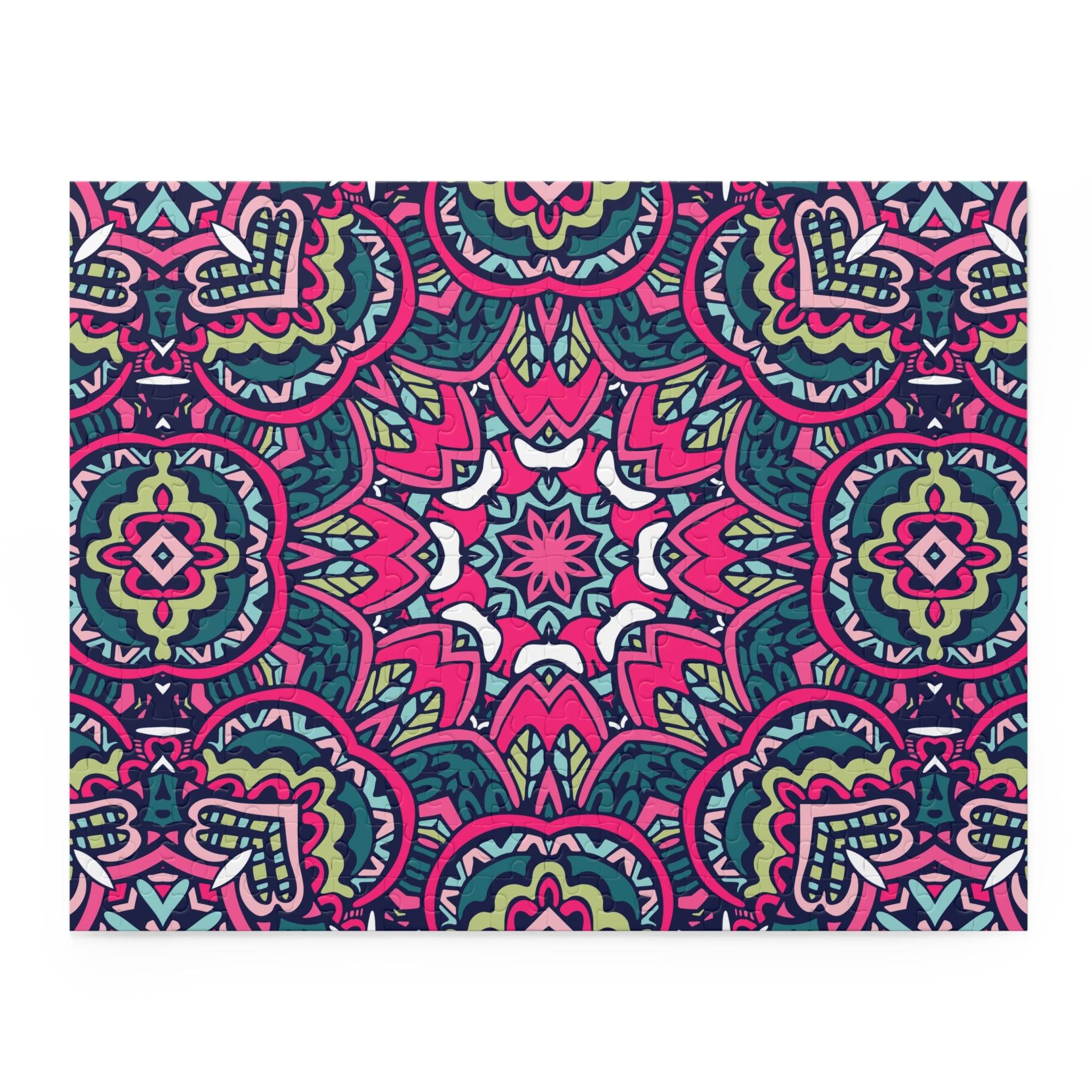 Printify mystic mosaic puzzle featuring vibrant pink and teal intricate geometric patterns
