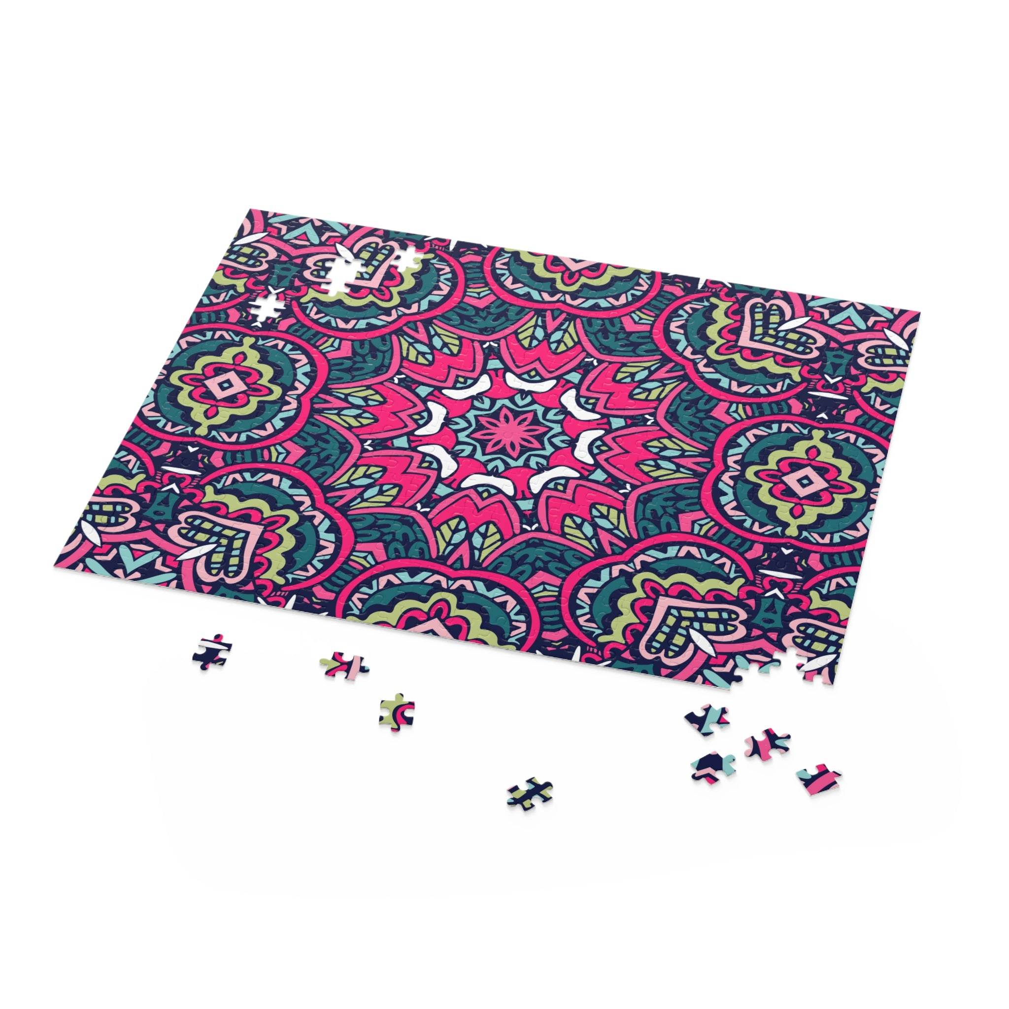 Printify mystic mosaic puzzle with colorful intricate geometric design and scattered pieces on white background