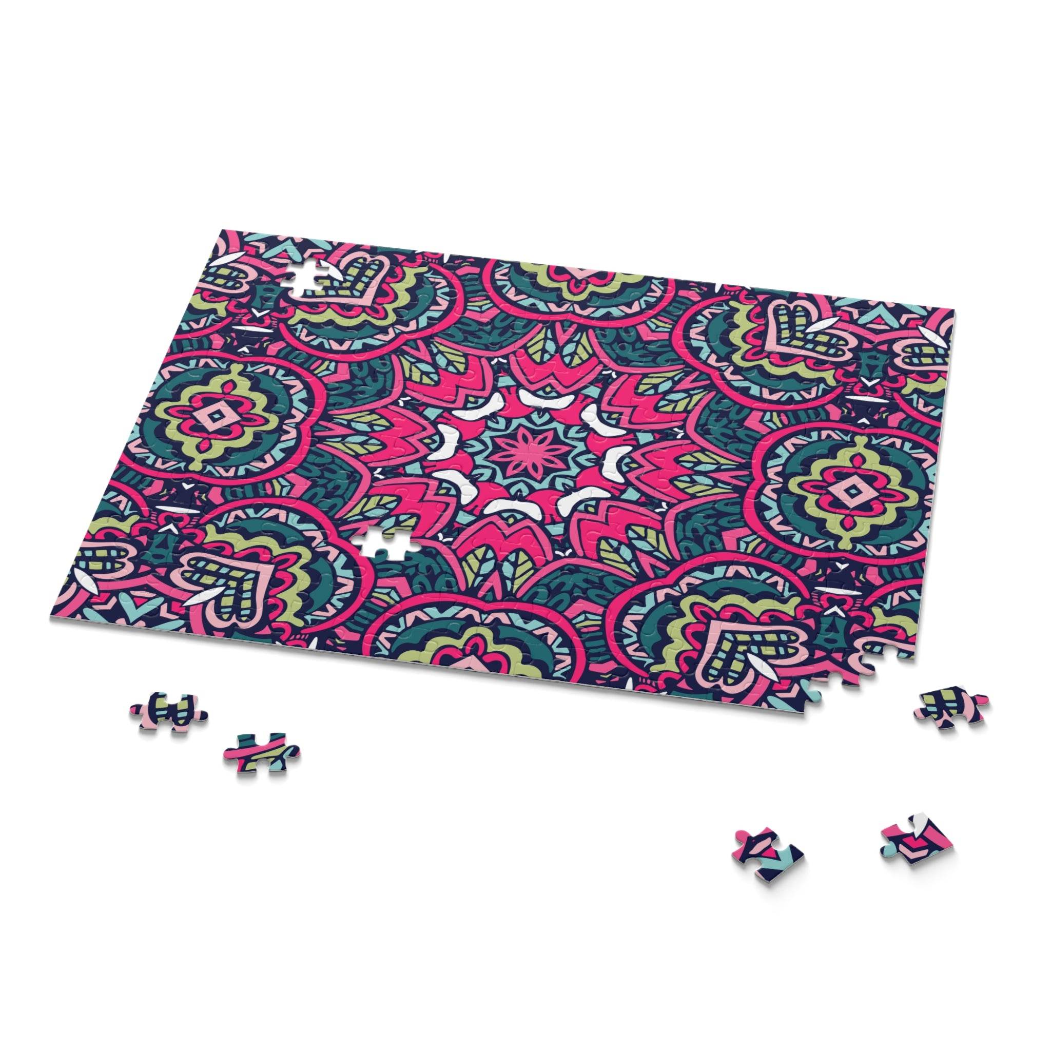 Printify mystic mosaic puzzle with colorful intricate geometric pattern partially assembled with loose pieces