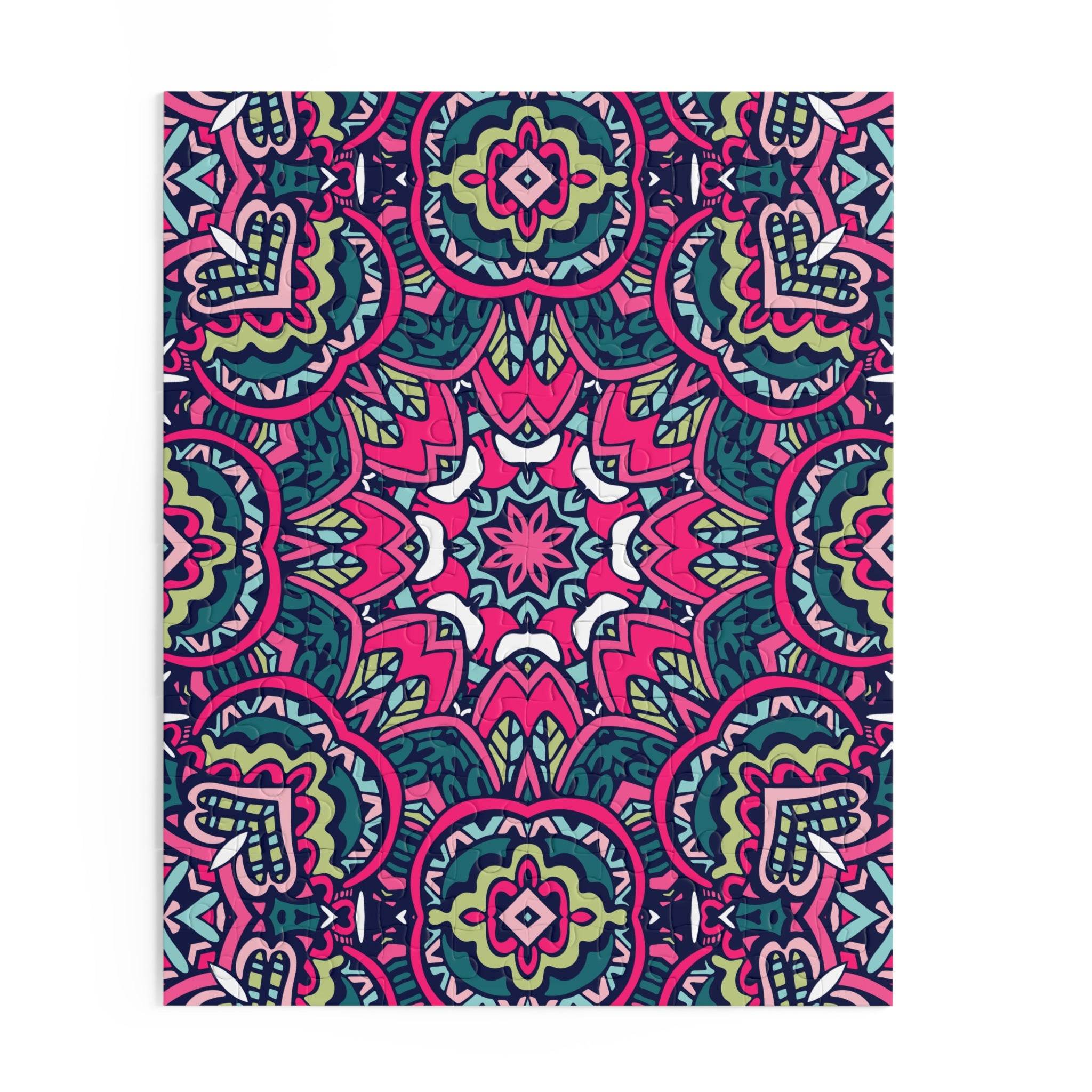Printify mystic mosaic puzzle with intricate colorful geometric patterns in pink green and blue