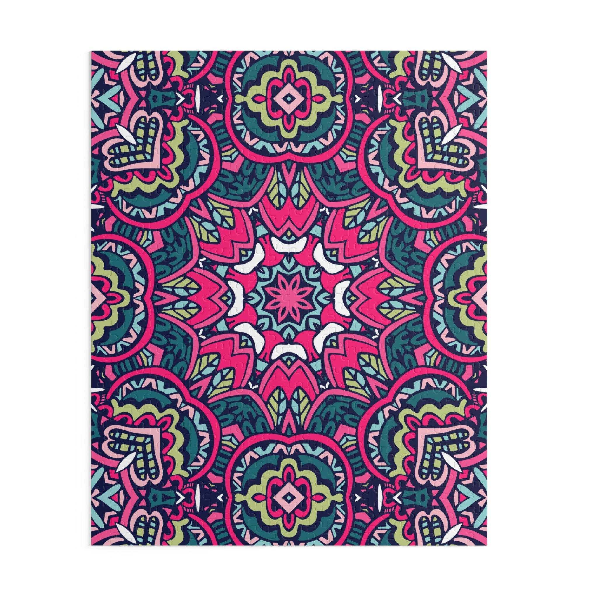 Colorful vibrant mystic mosaic puzzle with intricate geometric patterns and bold pink and green colors