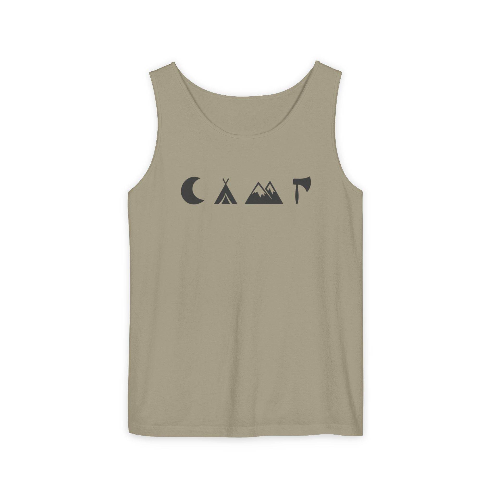 Printify khaki eco-friendly unisex tank top with minimalist black camping icons moon tent mountains axe