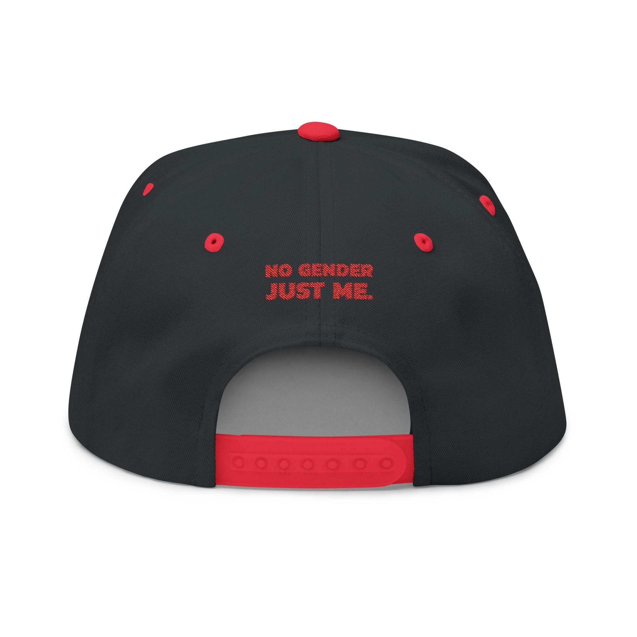 Back view of Printify sustainable flat bill cap in black with red accents and adjustable strap