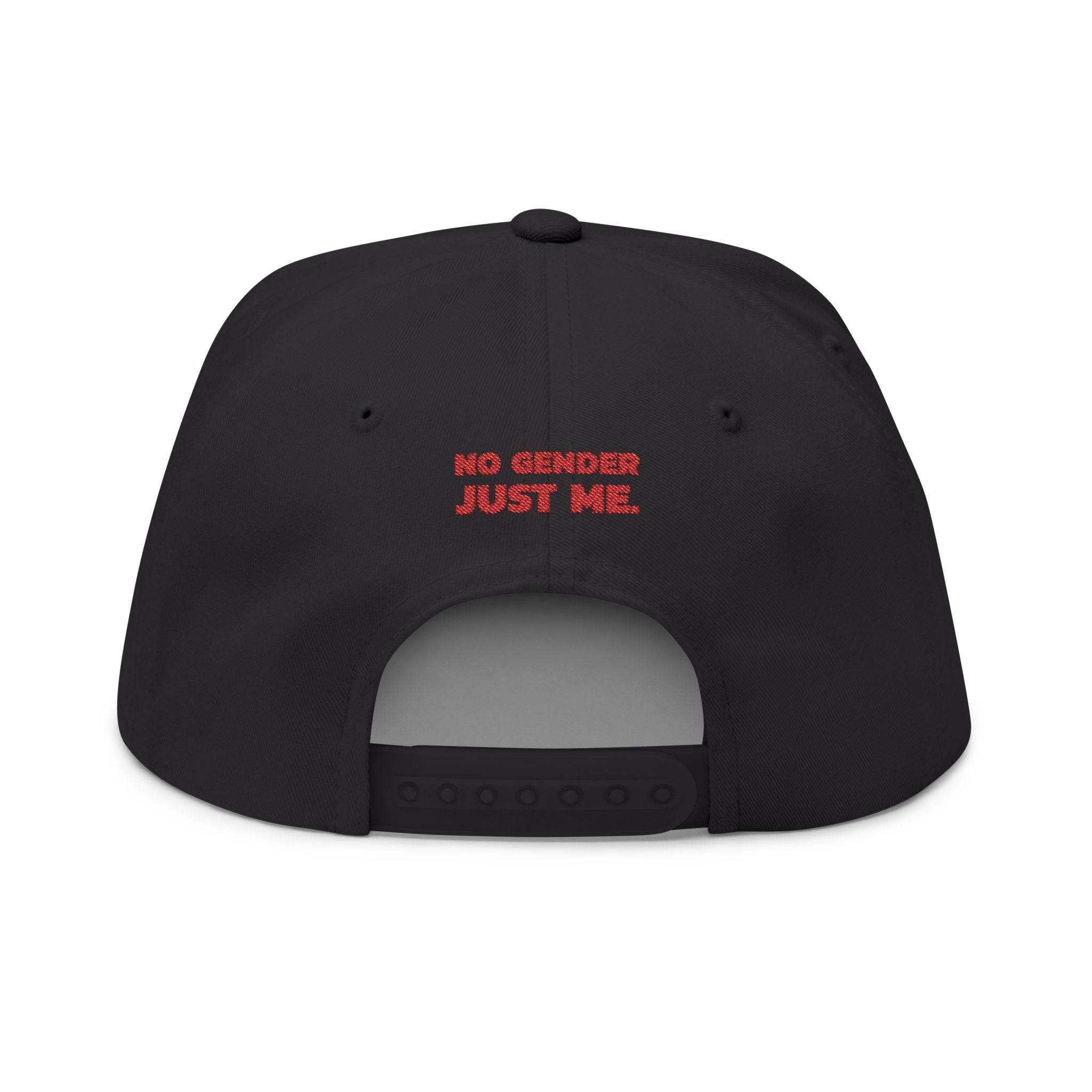 Back view of sustainable flat bill cap in black with red No Gender Just Me text by Printify