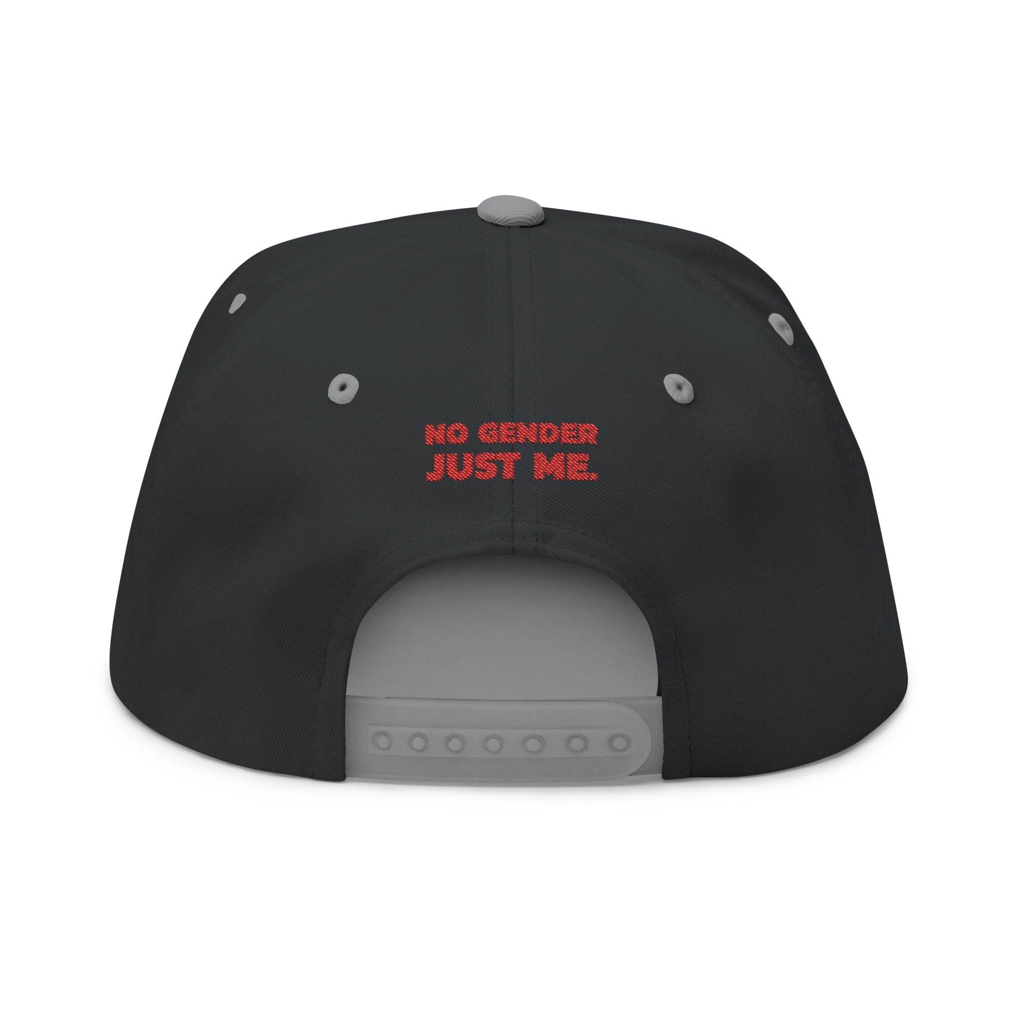 Printify sustainable flat bill cap in black with adjustable strap and red no gender just me text