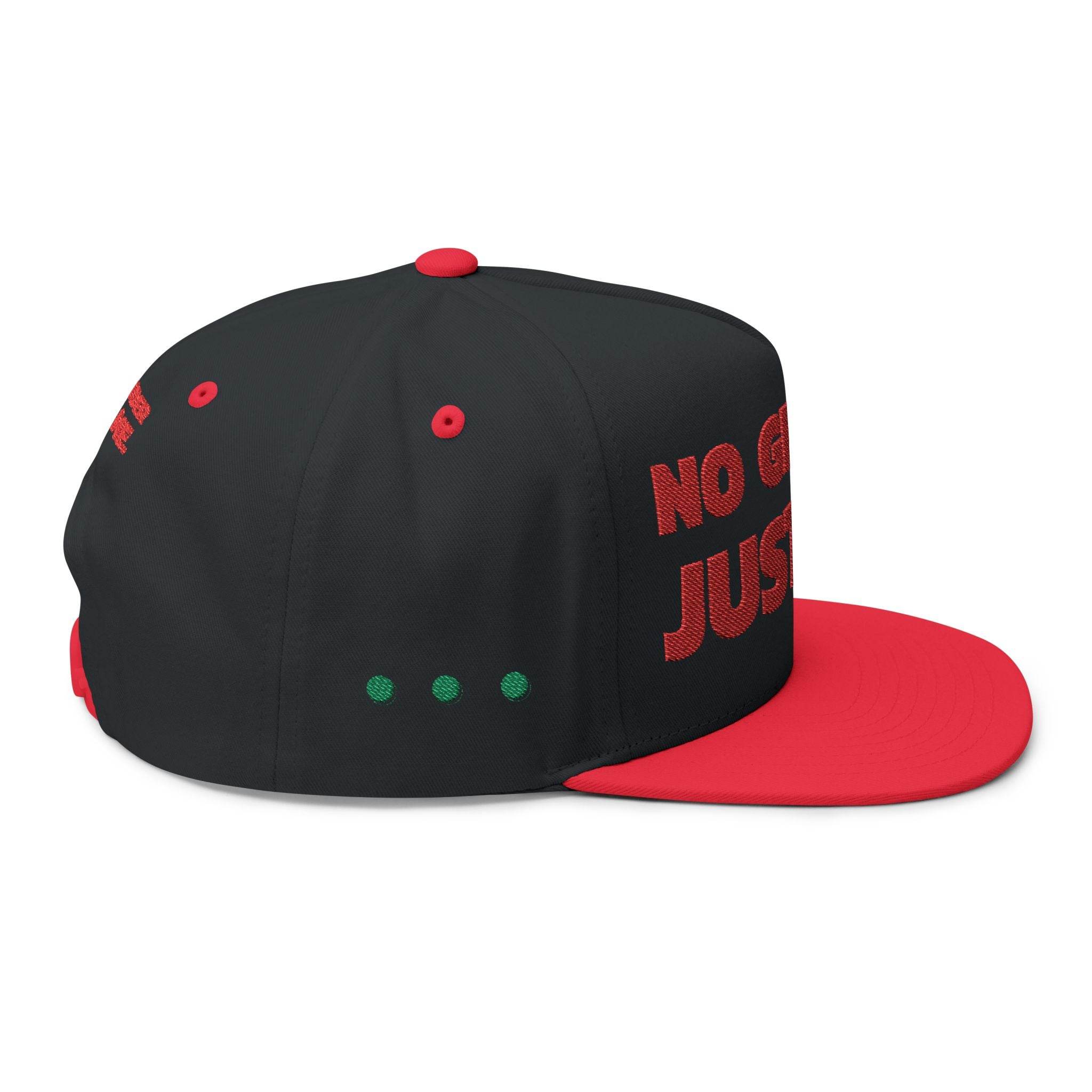 Printify sustainable flat bill cap in black and red with bold text design on side