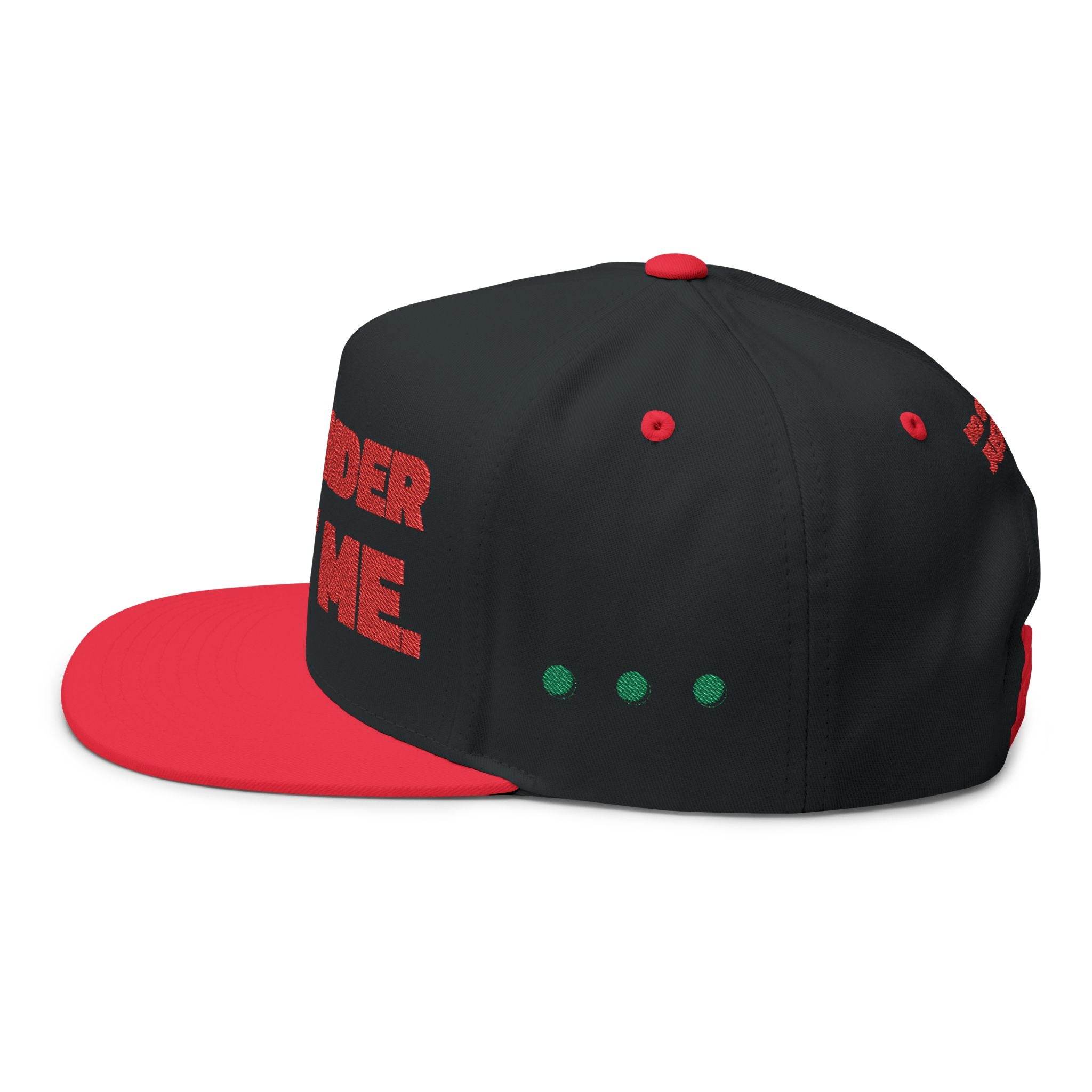 Printify black and red sustainable flat bill cap with green dot details and bold red text