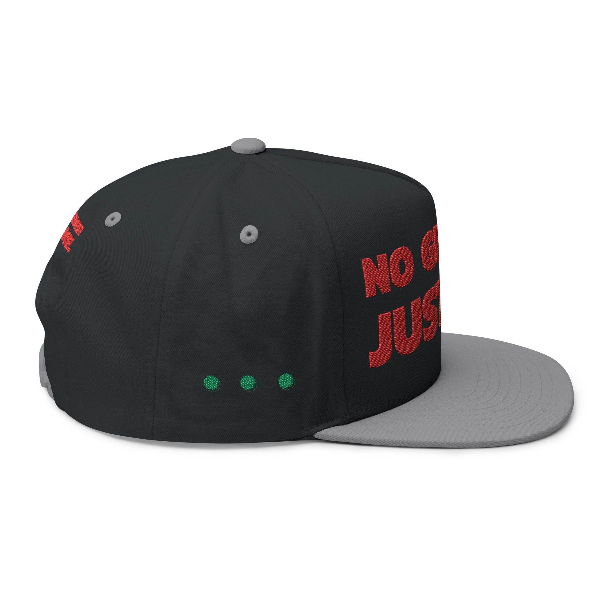 Black and gray sustainable flat bill cap with red text and green dot details by Printify