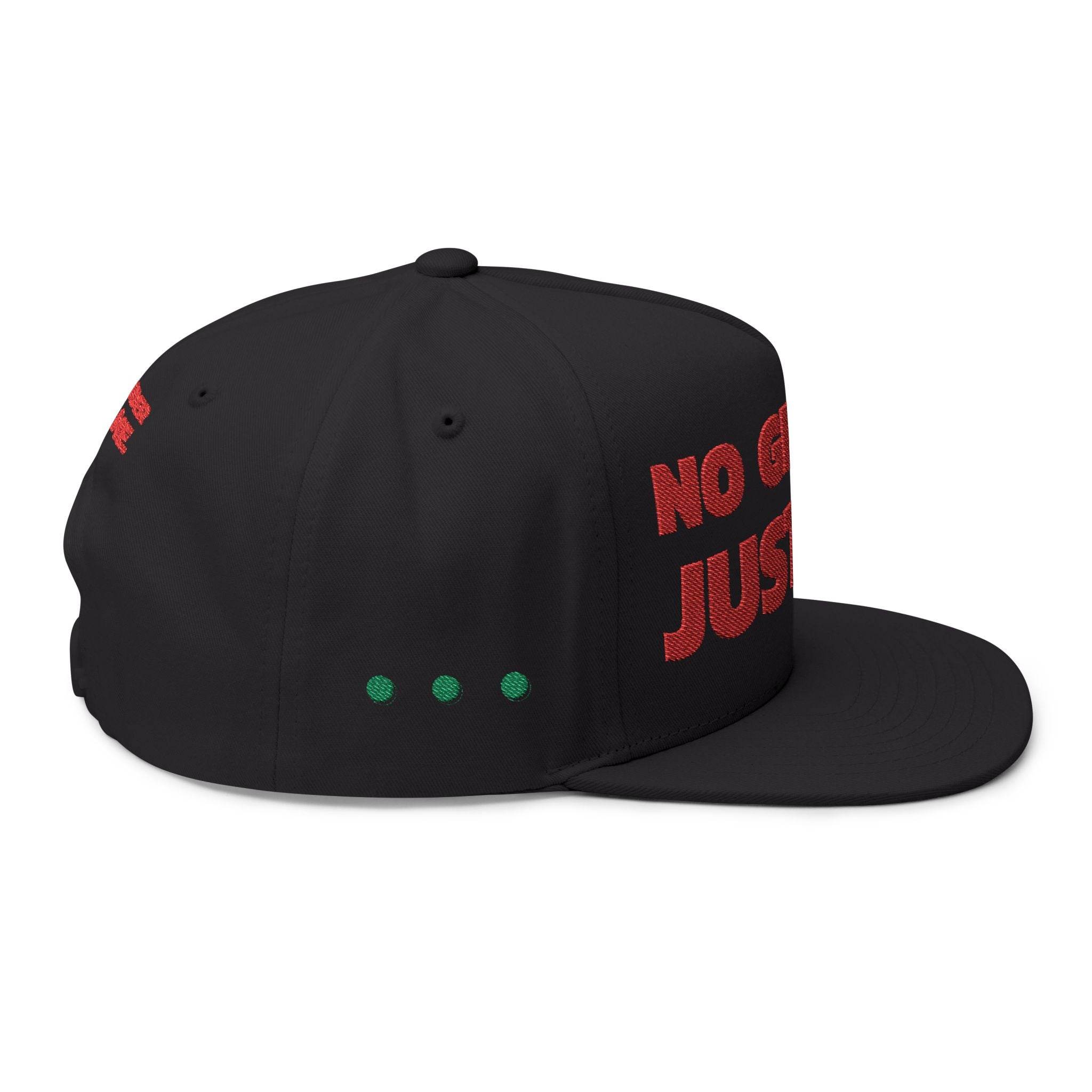 Black sustainable flat bill cap from Printify with red text and green dot details on the side