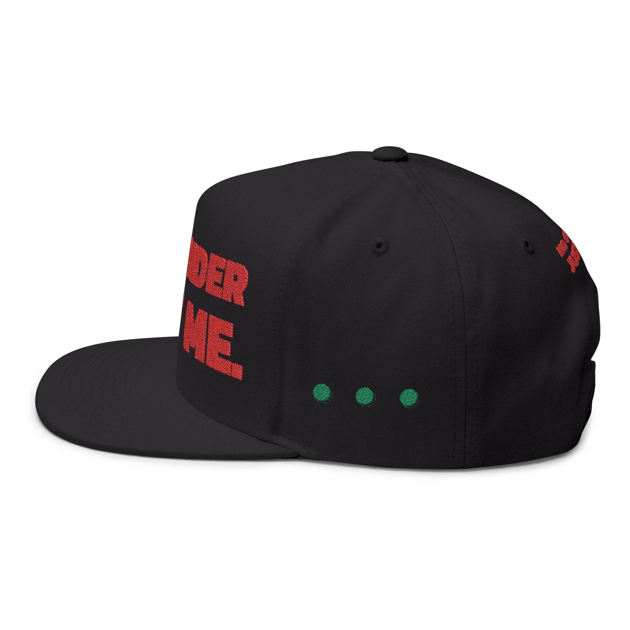 Black Printify sustainable flat bill cap with red and green printed design on the side