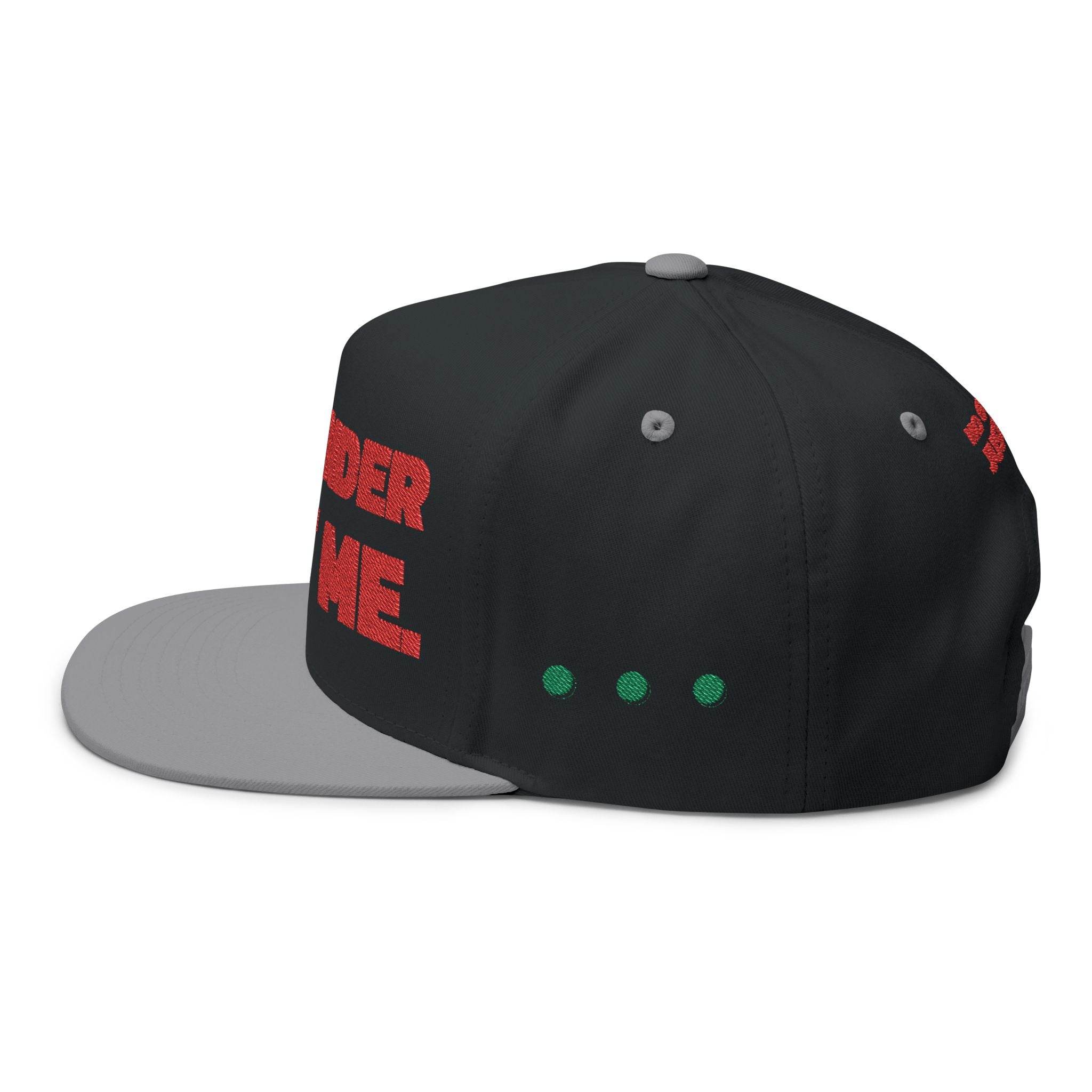 Printify sustainable flat bill cap in black with gray brim and red and green printed design