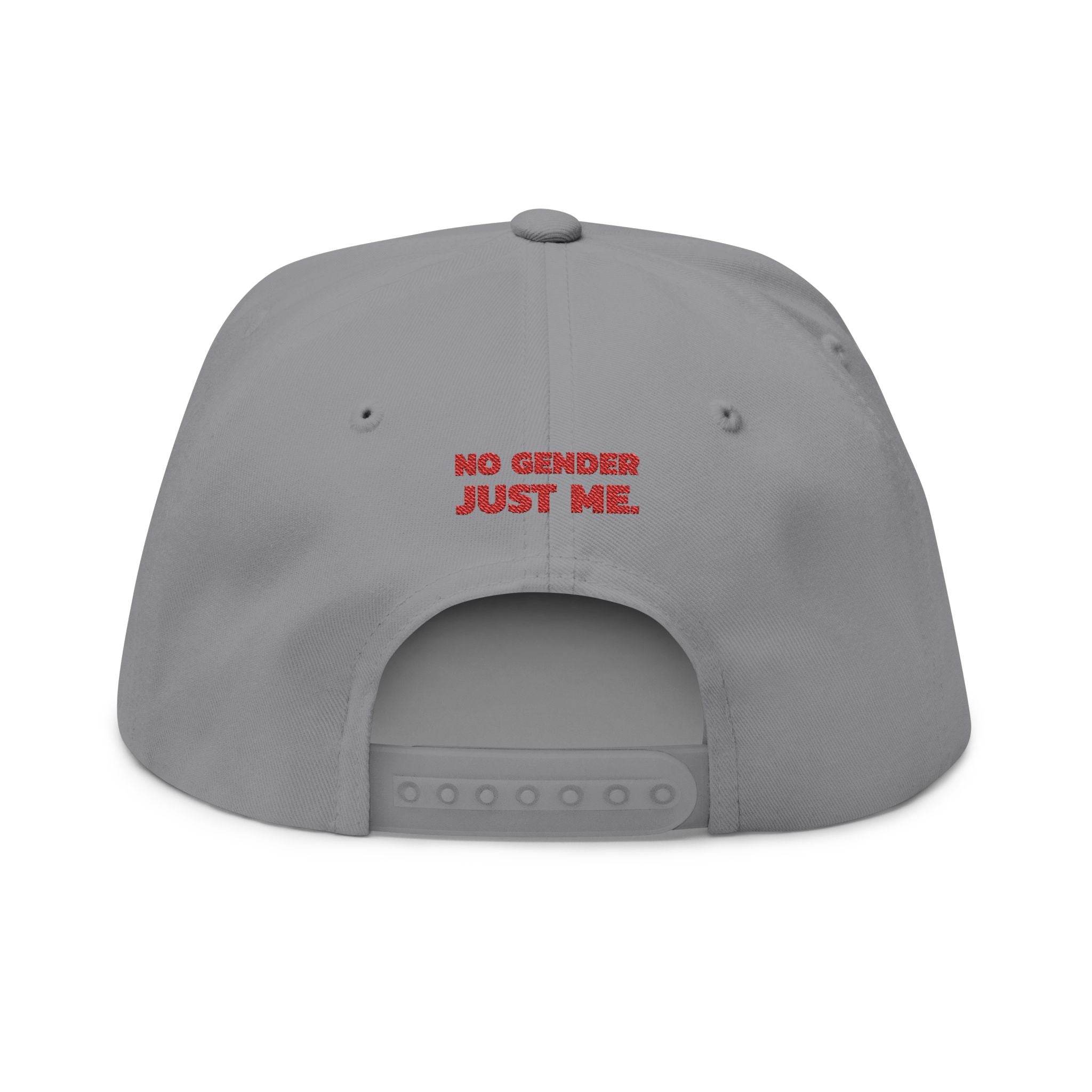 Gray sustainable flat bill cap from Printify with adjustable strap and red No Gender Just Me text