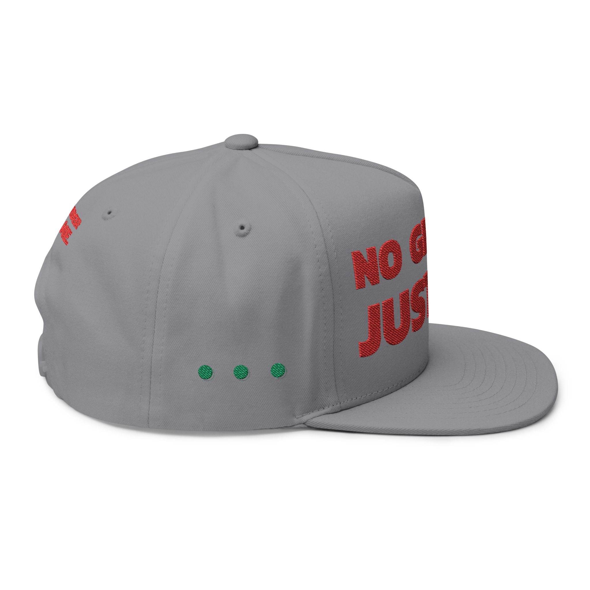 Gray sustainable flat bill cap with red text design and green embroidered dots from Printify