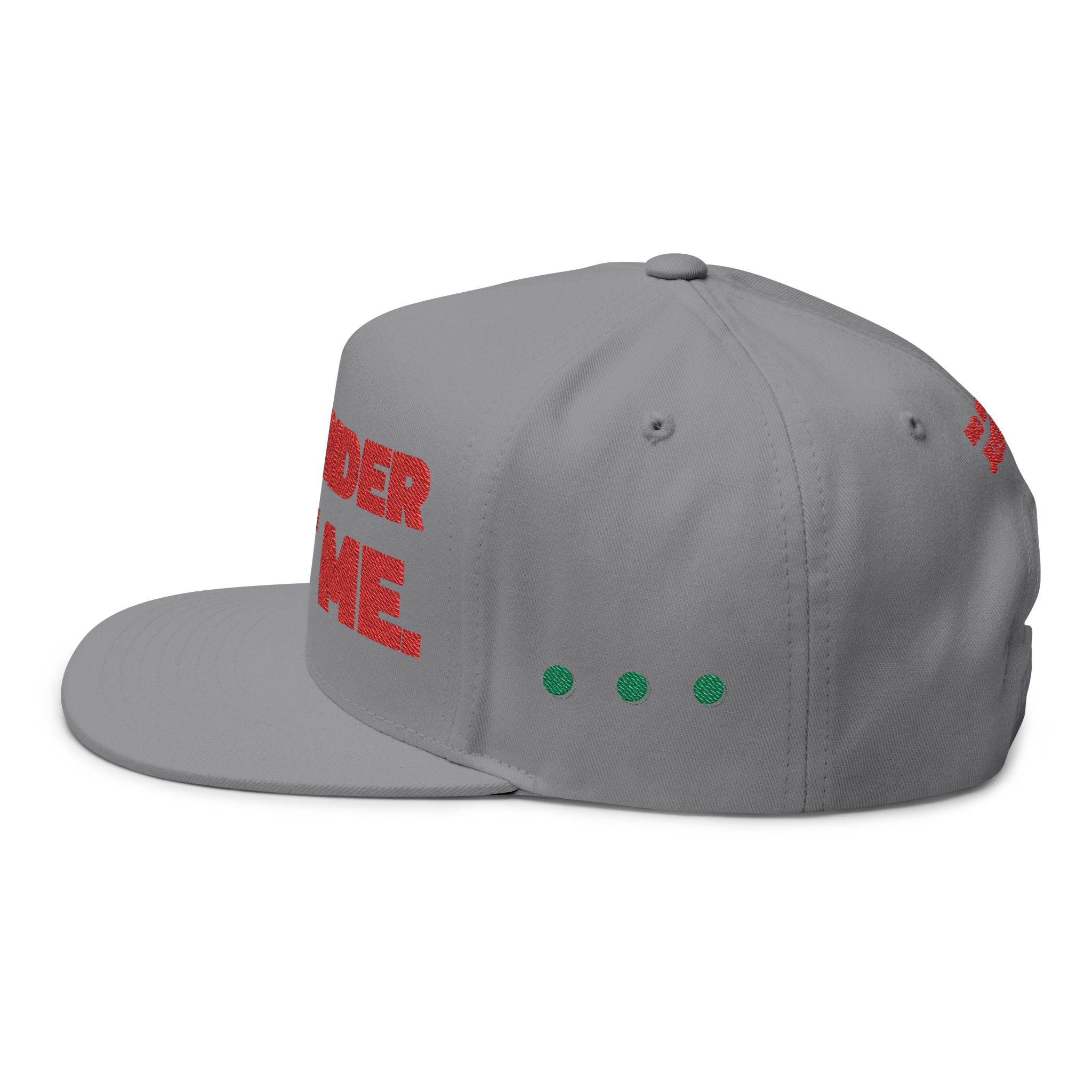 Gray Printify sustainable flat bill cap with red text design and green dot accents