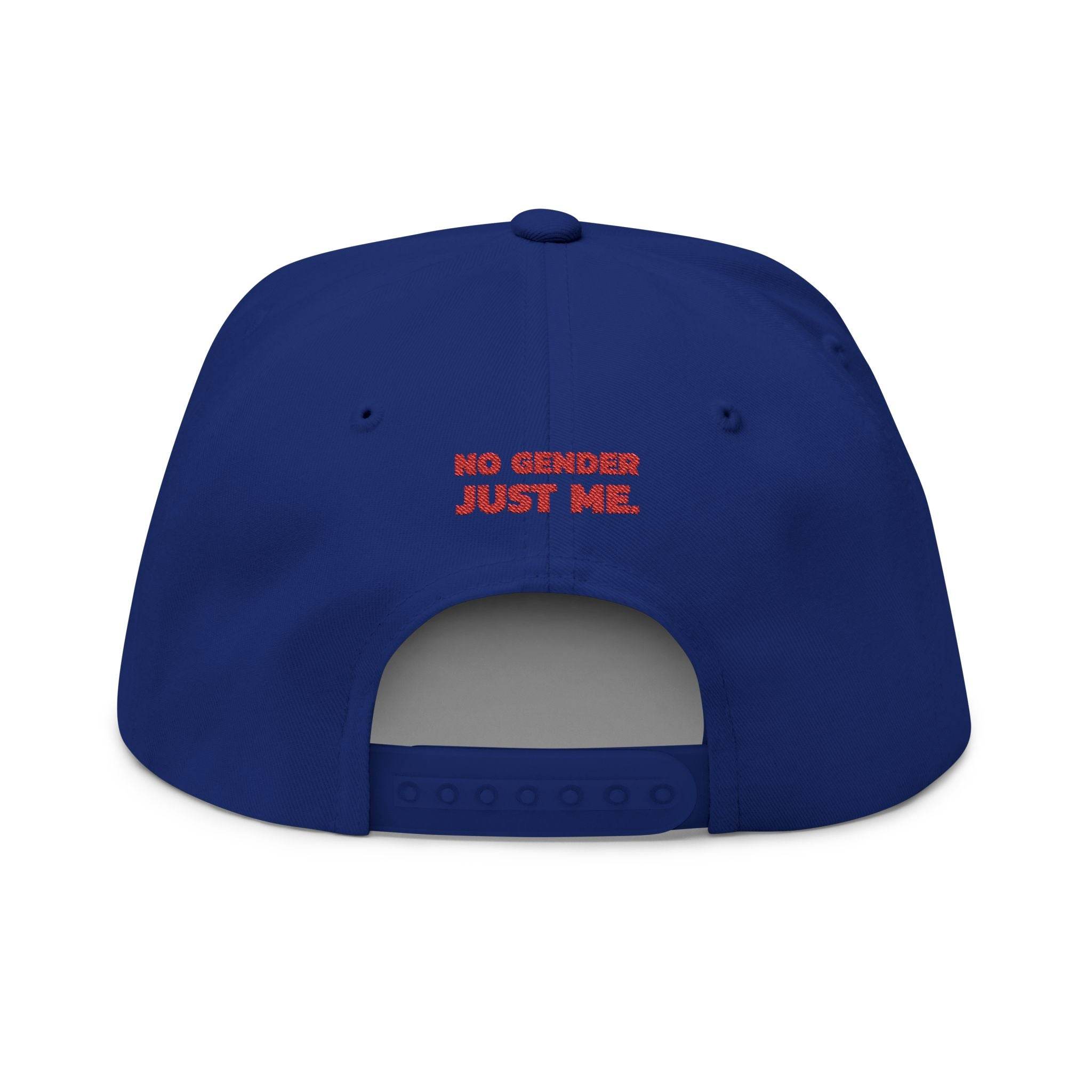 Back view of blue Printify sustainable flat bill cap with adjustable strap and red No Gender Just Me text