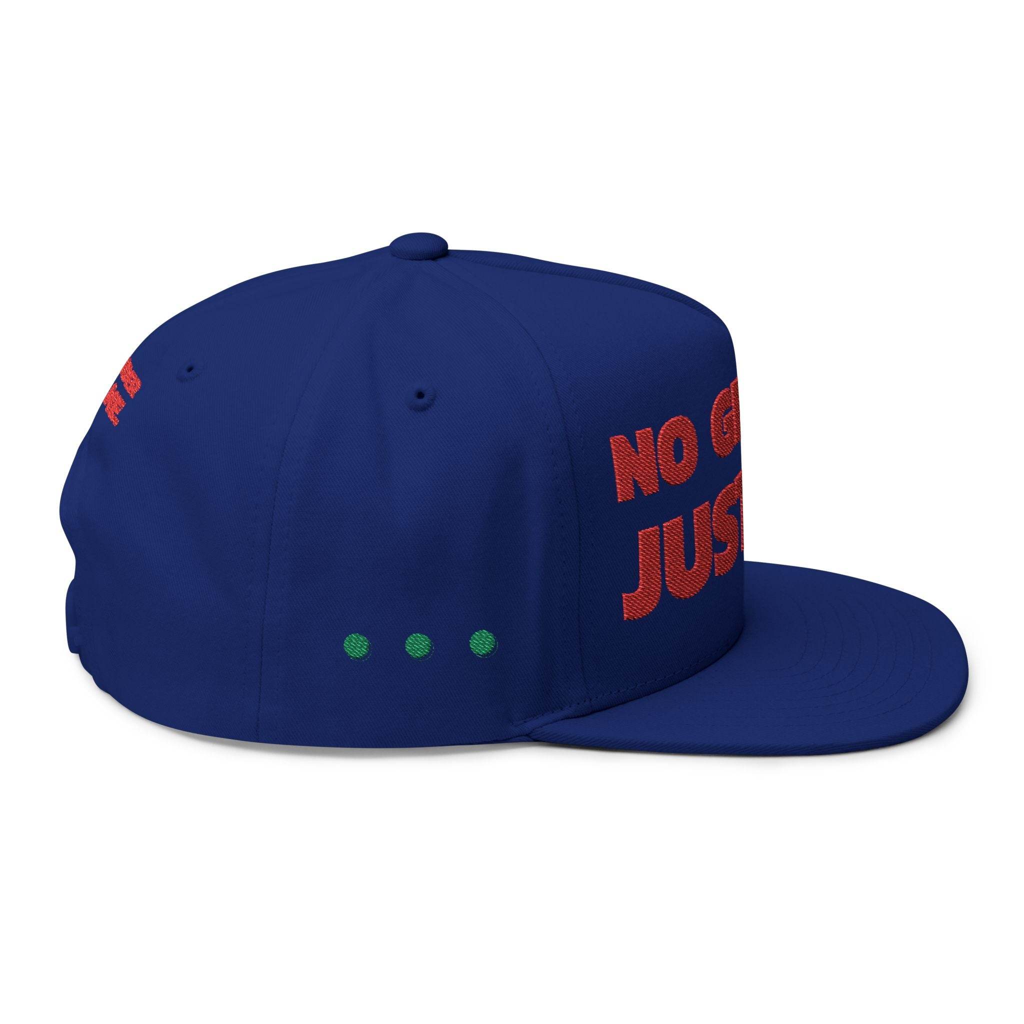 Printify sustainable flat bill cap in navy blue with red text design on front and green dots on side